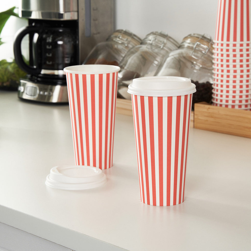 Restpresso 20 oz Red and White Stripe Paper Single Wall Coffee Cup - with White Lid - 3 1/2"x 3 1/2"x 6 1/2" - 400 count box