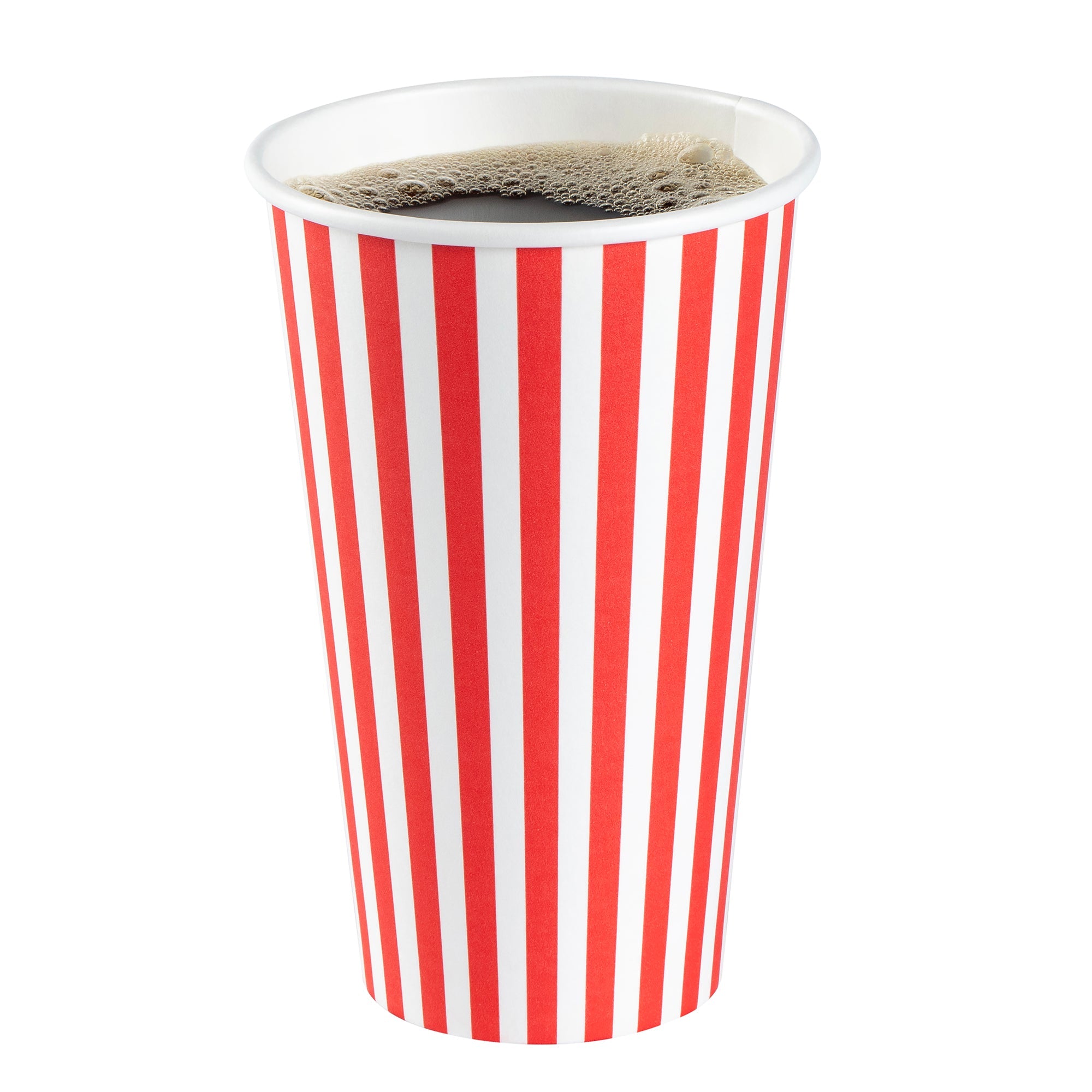 Restpresso 16 oz Red and White Stripe Paper Single Wall Coffee Cup - with Black Lid - 3 1/2"x 3 1/2"x 5 1/2" - 400 count box