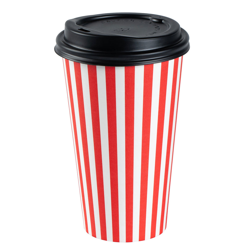 Restpresso 16 oz Red and White Stripe Paper Single Wall Coffee Cup - with Black Lid - 3 1/2"x 3 1/2"x 5 1/2" - 400 count box