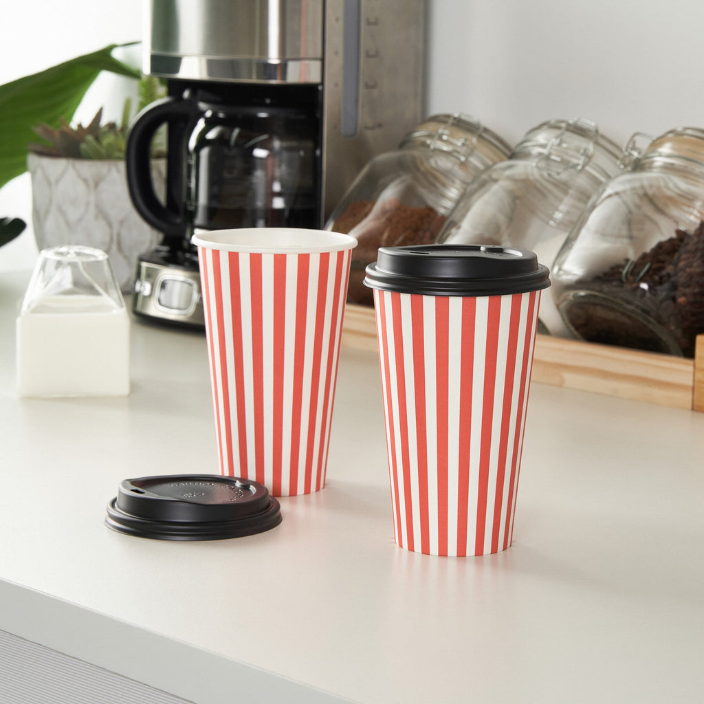 Restpresso 16 oz Red and White Stripe Paper Single Wall Coffee Cup - with Black Lid - 3 1/2"x 3 1/2"x 5 1/2" - 400 count box