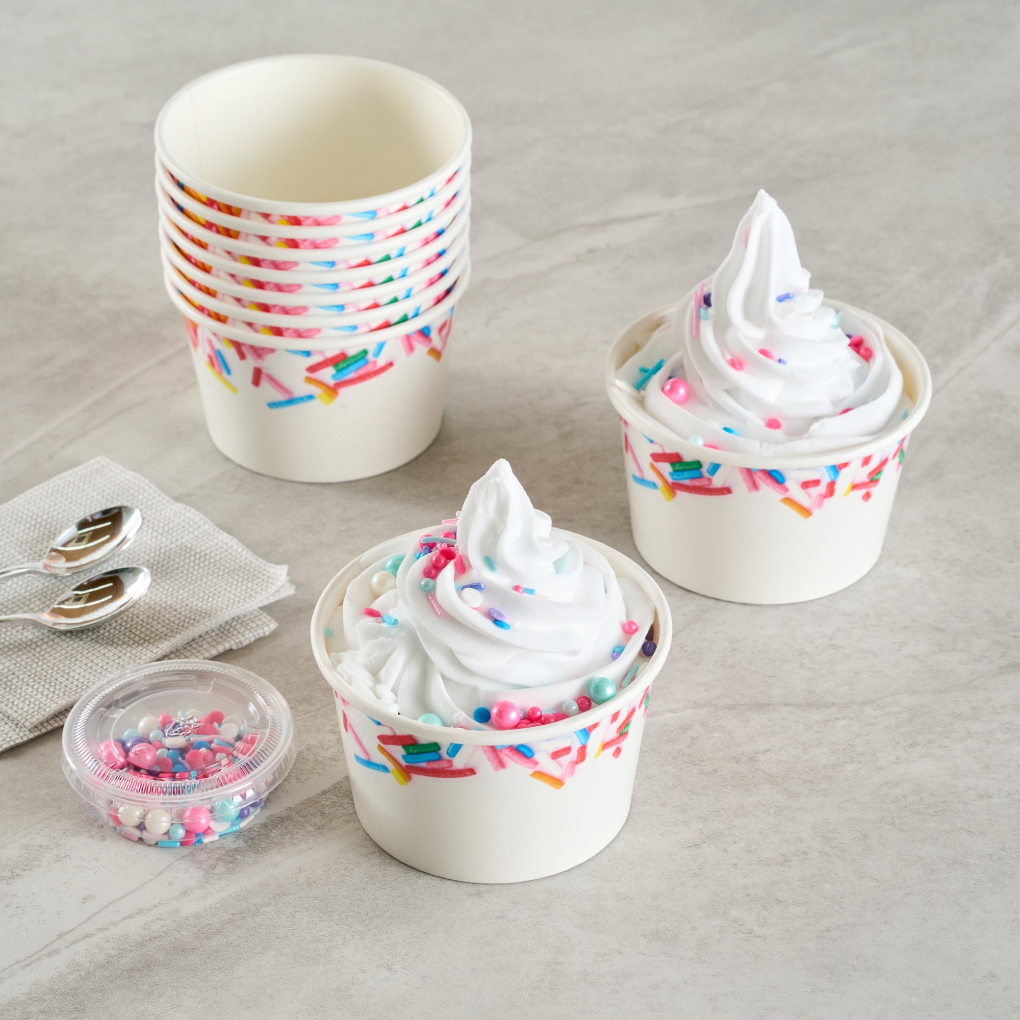 Coppetta 8 oz Round White Paper To Go Cup - with Festive Sprinkles - 3 3/4" x 3 3/4" x 2 1/4" - 200 count box
