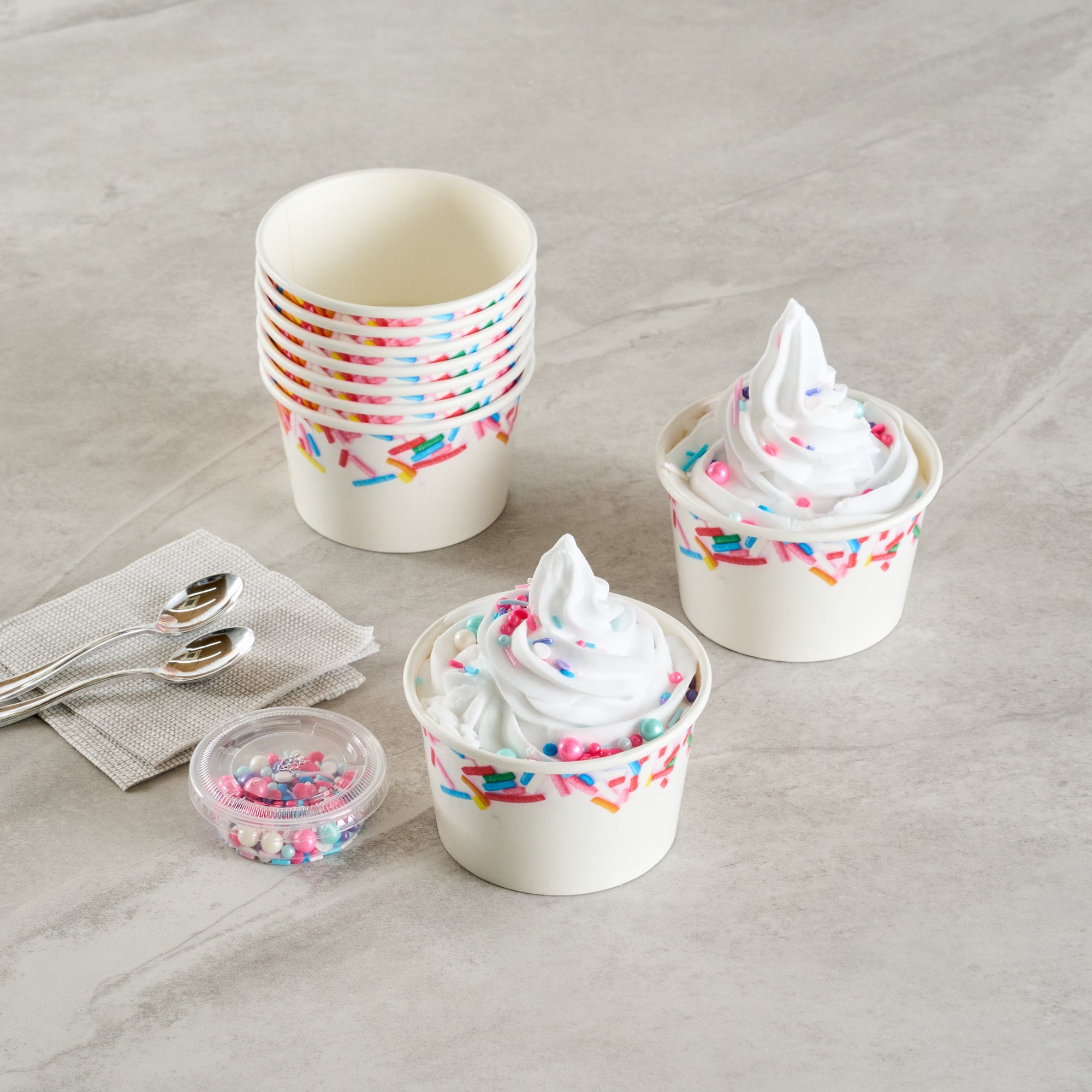 Coppetta 8 oz Round White Paper To Go Cup - with Festive Sprinkles - 3 3/4" x 3 3/4" x 2 1/4" - 200 count box