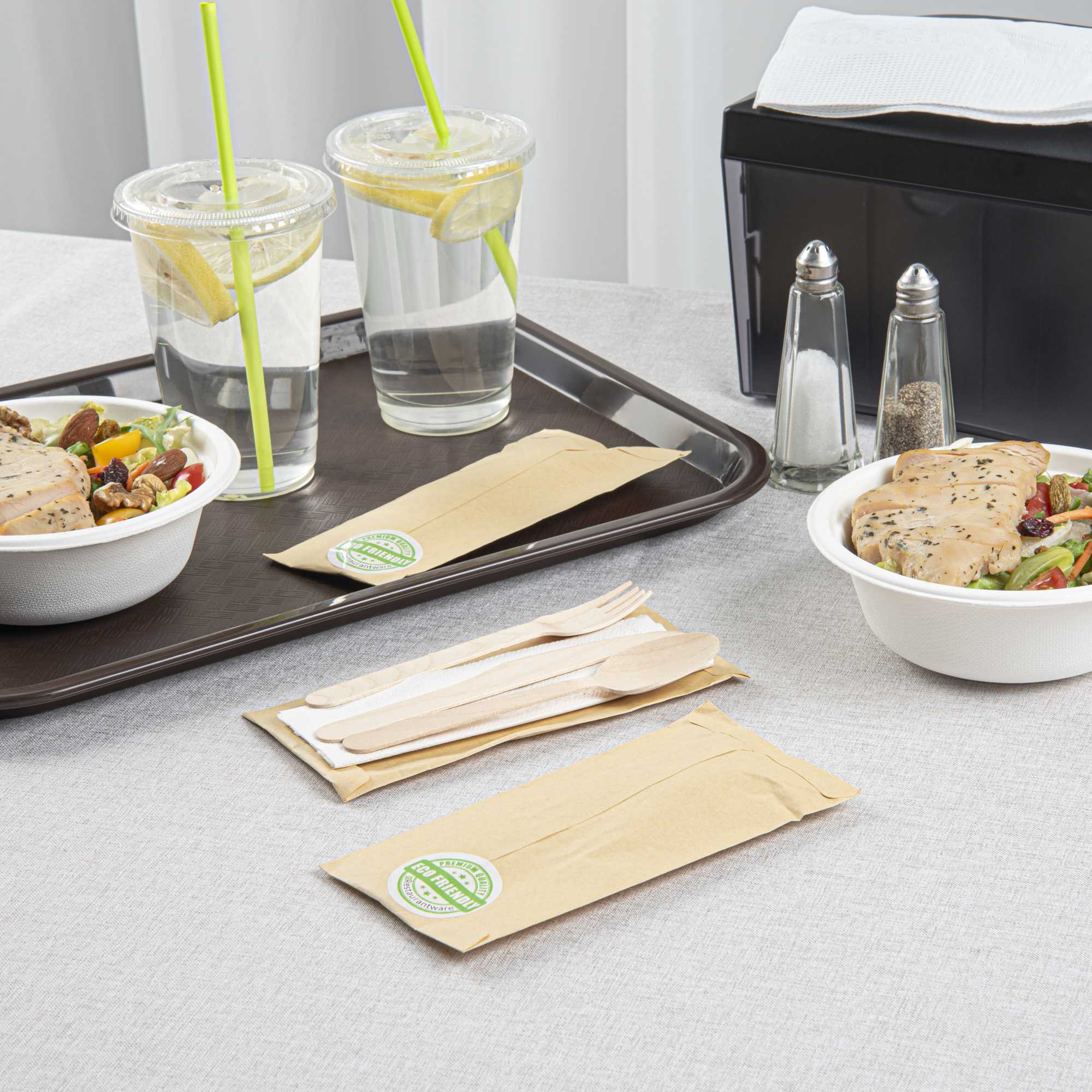 Eco Luxe Natural Wood Cutlery Set - with Napkin and Paper Pouch - 7" x 3 1/2" - 100 count box