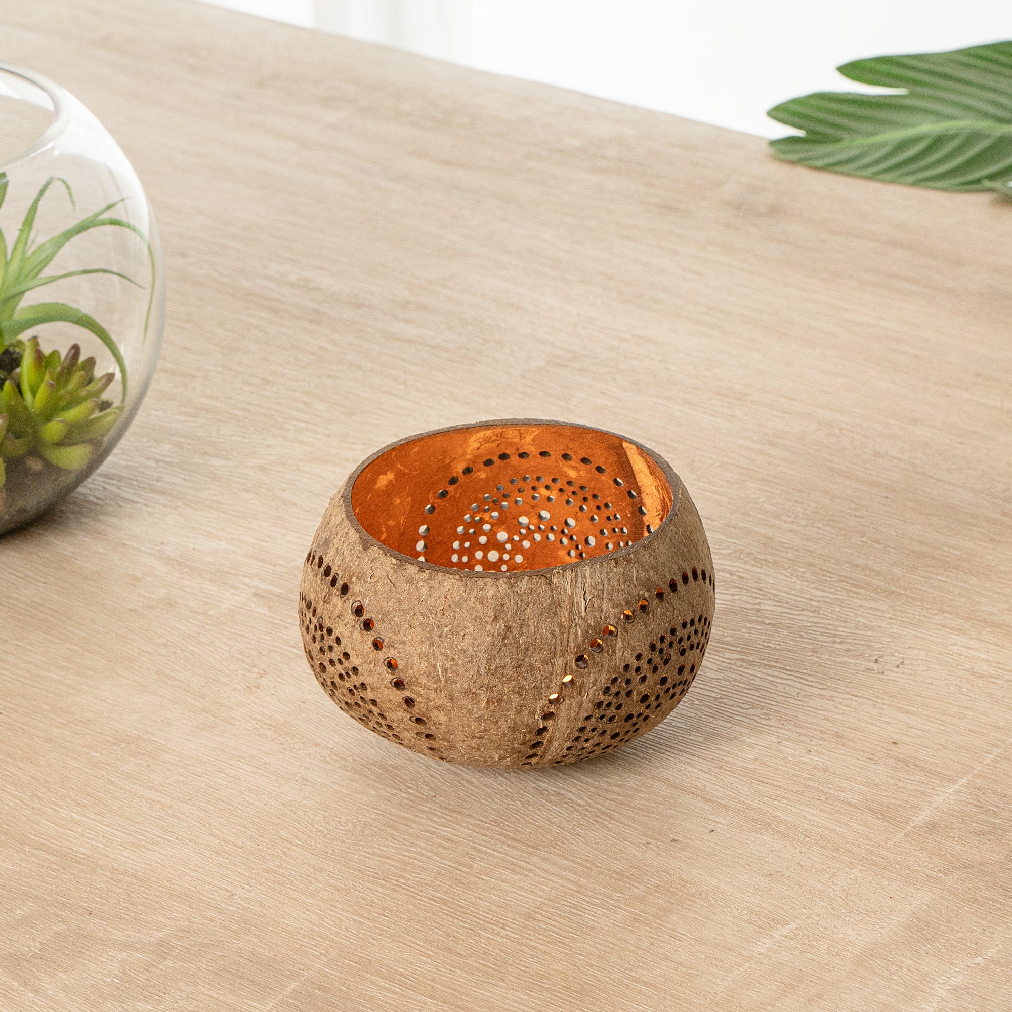 Coco Casa Tan Handmade Coconut Shell Candle Holder - Rainbow Pattern - 4" x 4" x 3 1/4" - 1 count box