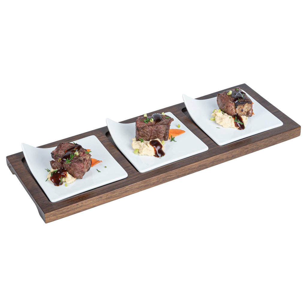 Chef 101 Rectangle White Porcelain Modern Flat Plate Set - 3 Plates, Bamboo Tray - 14 1/4" x 5" x 1 1/2" - 1 count box