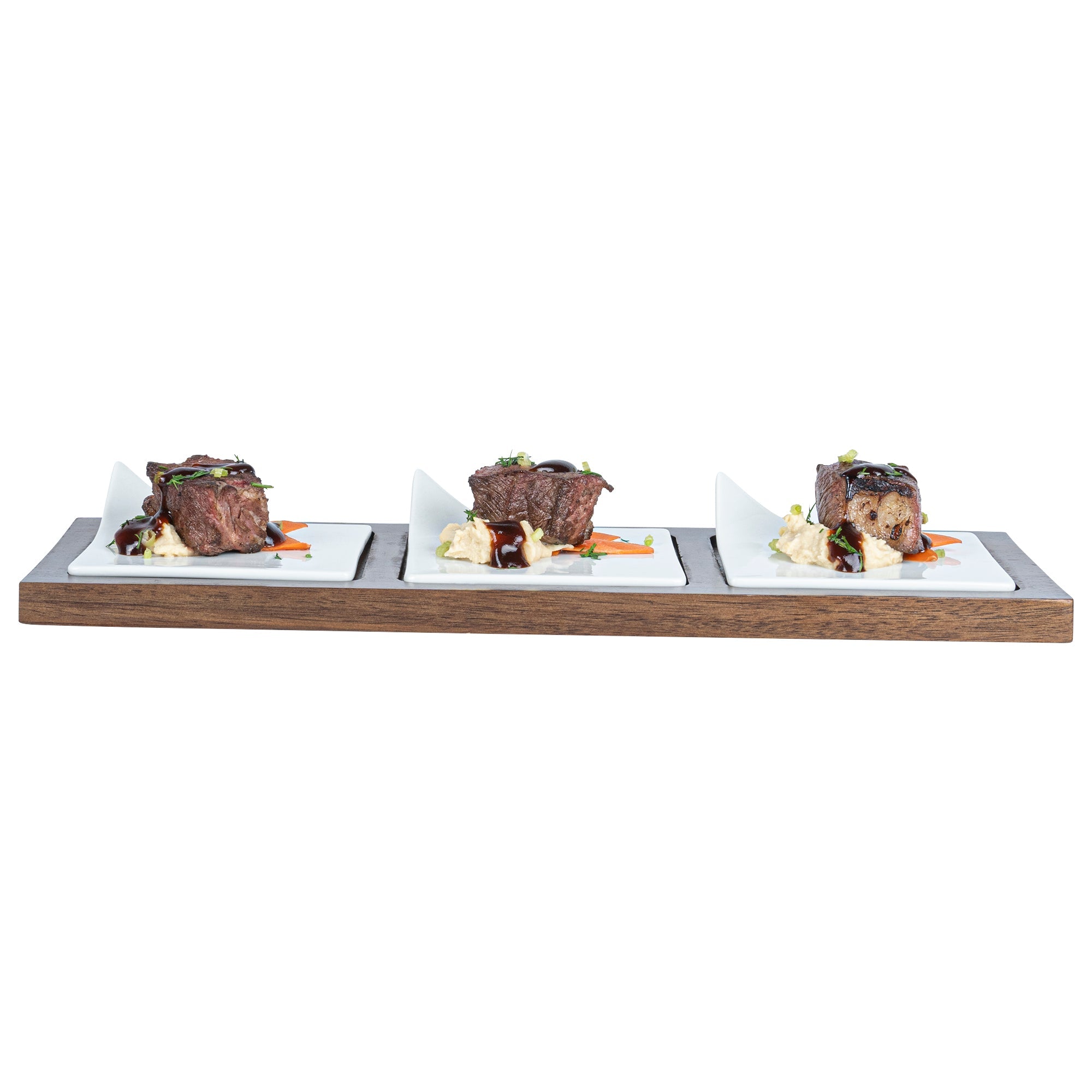 Chef 101 Rectangle White Porcelain Modern Flat Plate Set - 3 Plates, Bamboo Tray - 14 1/4" x 5" x 1 1/2" - 1 count box