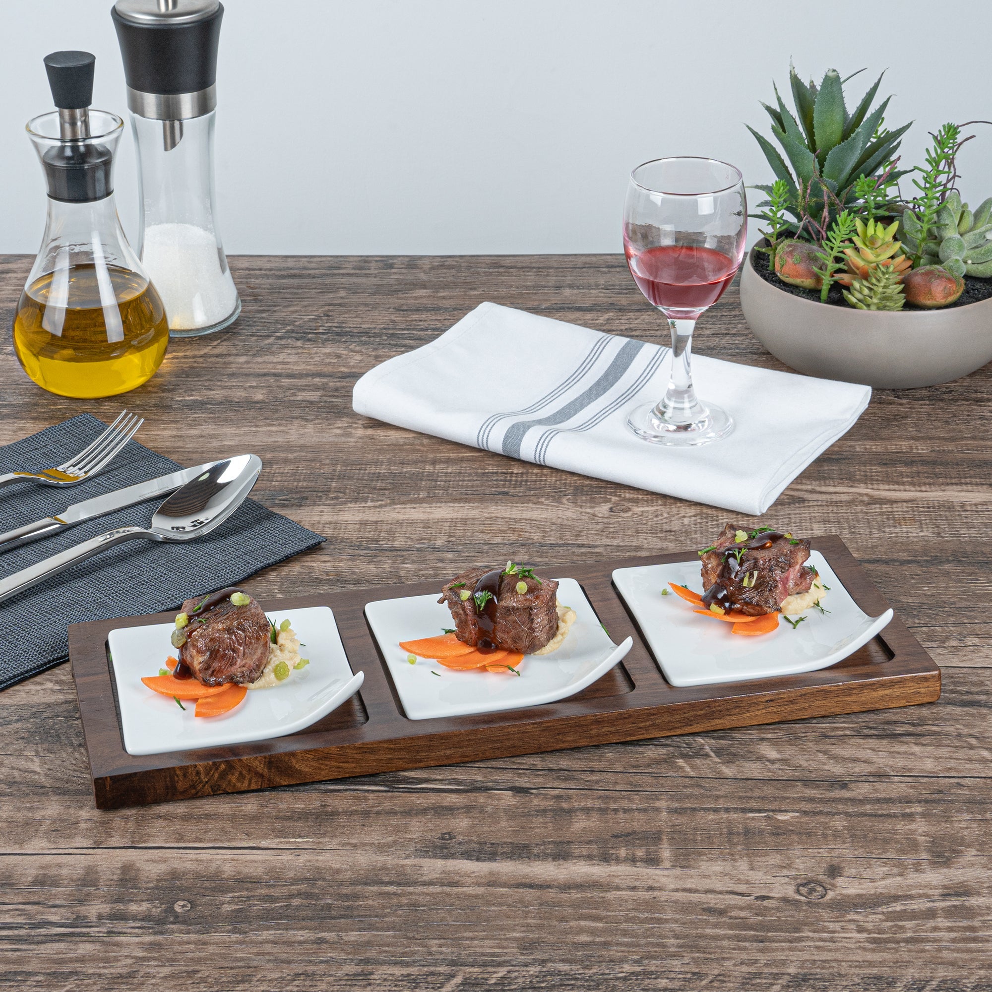 Chef 101 Rectangle White Porcelain Modern Flat Plate Set - 3 Plates, Bamboo Tray - 14 1/4" x 5" x 1 1/2" - 1 count box