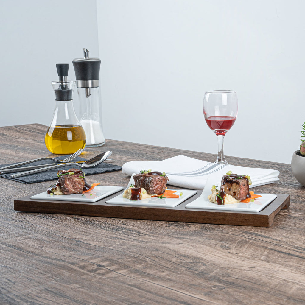 Chef 101 Rectangle White Porcelain Modern Flat Plate Set - 3 Plates, Bamboo Tray - 14 1/4" x 5" x 1 1/2" - 1 count box