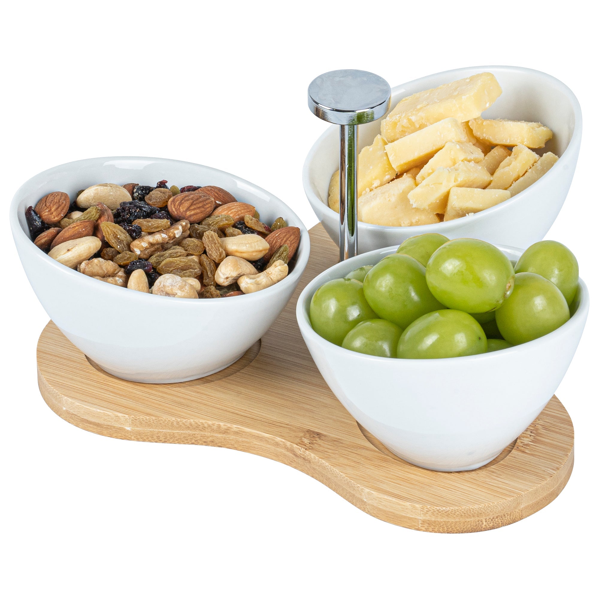 Chef 101 15 oz Rectangle White Porcelain Incline Bowl Set - 3 Bowls, Bamboo Tray - 8 3/4" x 8" x 5" - 1 count box