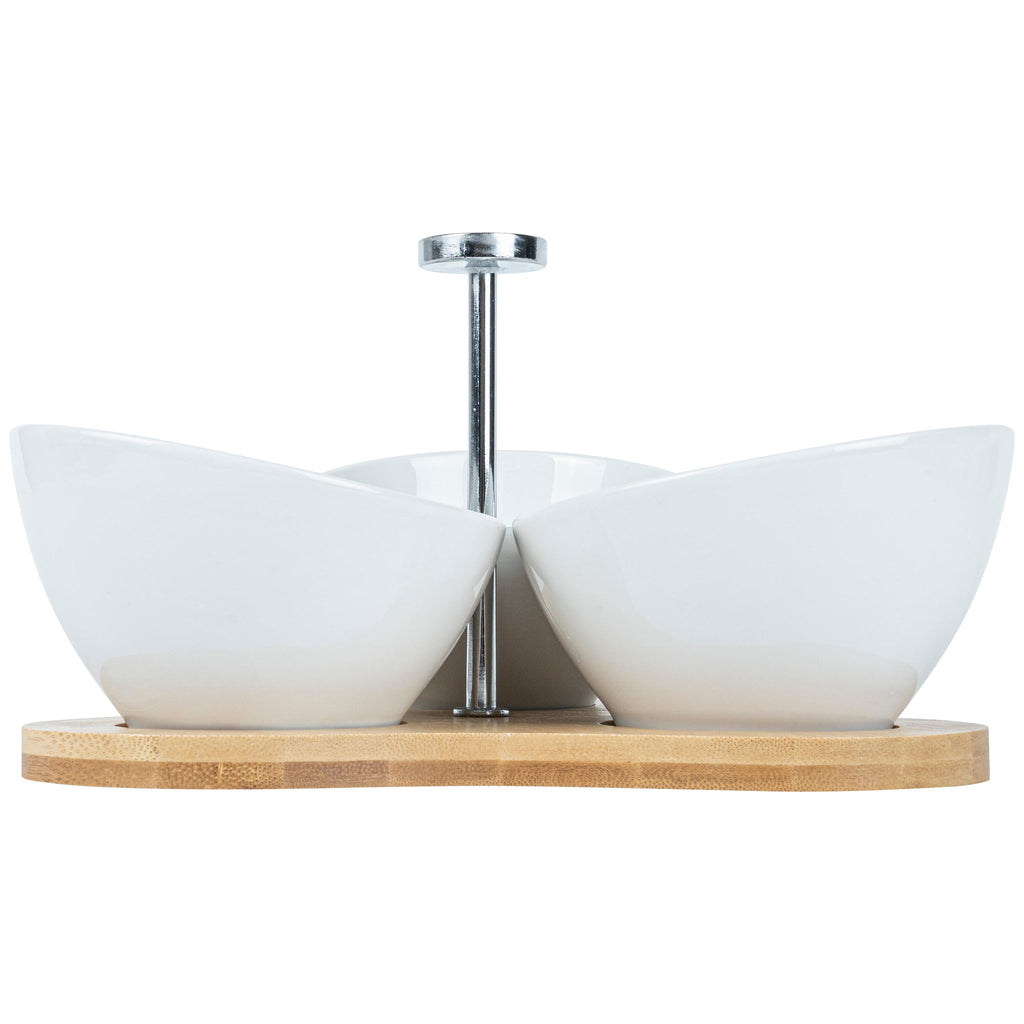 Chef 101 15 oz Rectangle White Porcelain Incline Bowl Set - 3 Bowls, Bamboo Tray - 8 3/4" x 8" x 5" - 1 count box