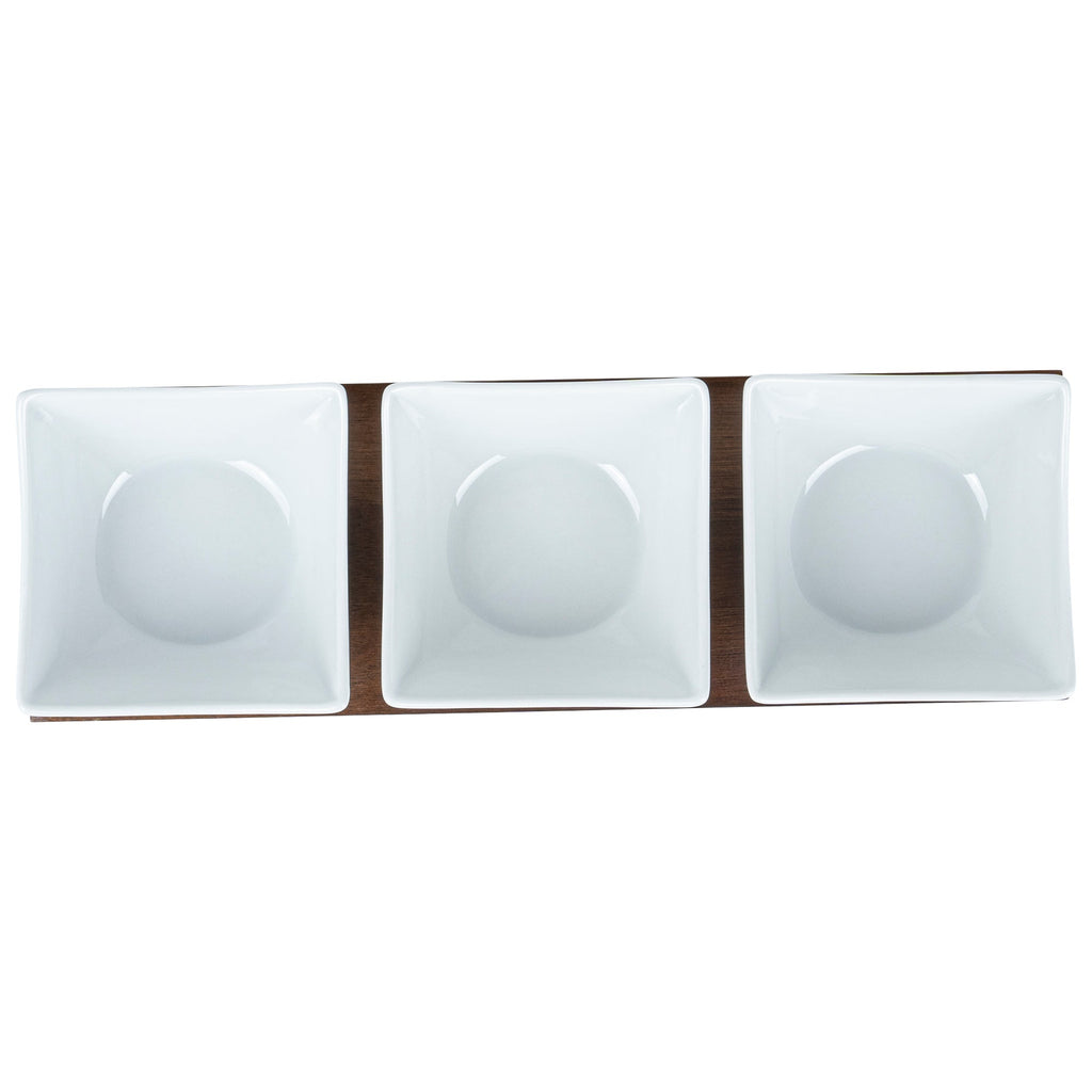 Chef 101 15 oz Rectangle White Porcelain Cocktail Bowl Set - 3 Bowls, Bamboo Tray - 12" x 4" x 2 1/2" - 1 count box