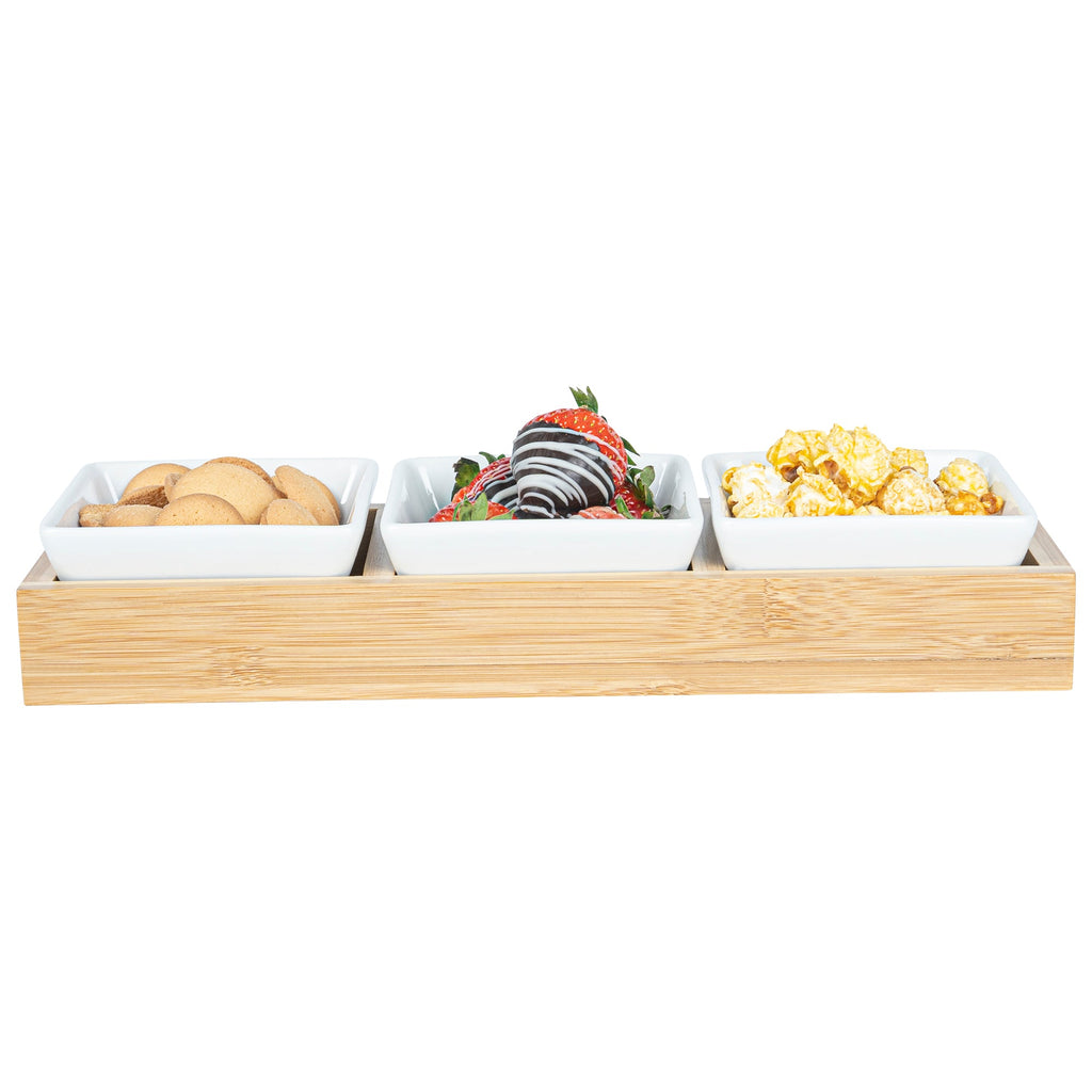 Chef 101 6 oz Rectangle White Porcelain Modern Bowl Set - 3 Bowls, Bamboo Tray - 11 3/4" x 4 1/4" x 2" - 1 count box