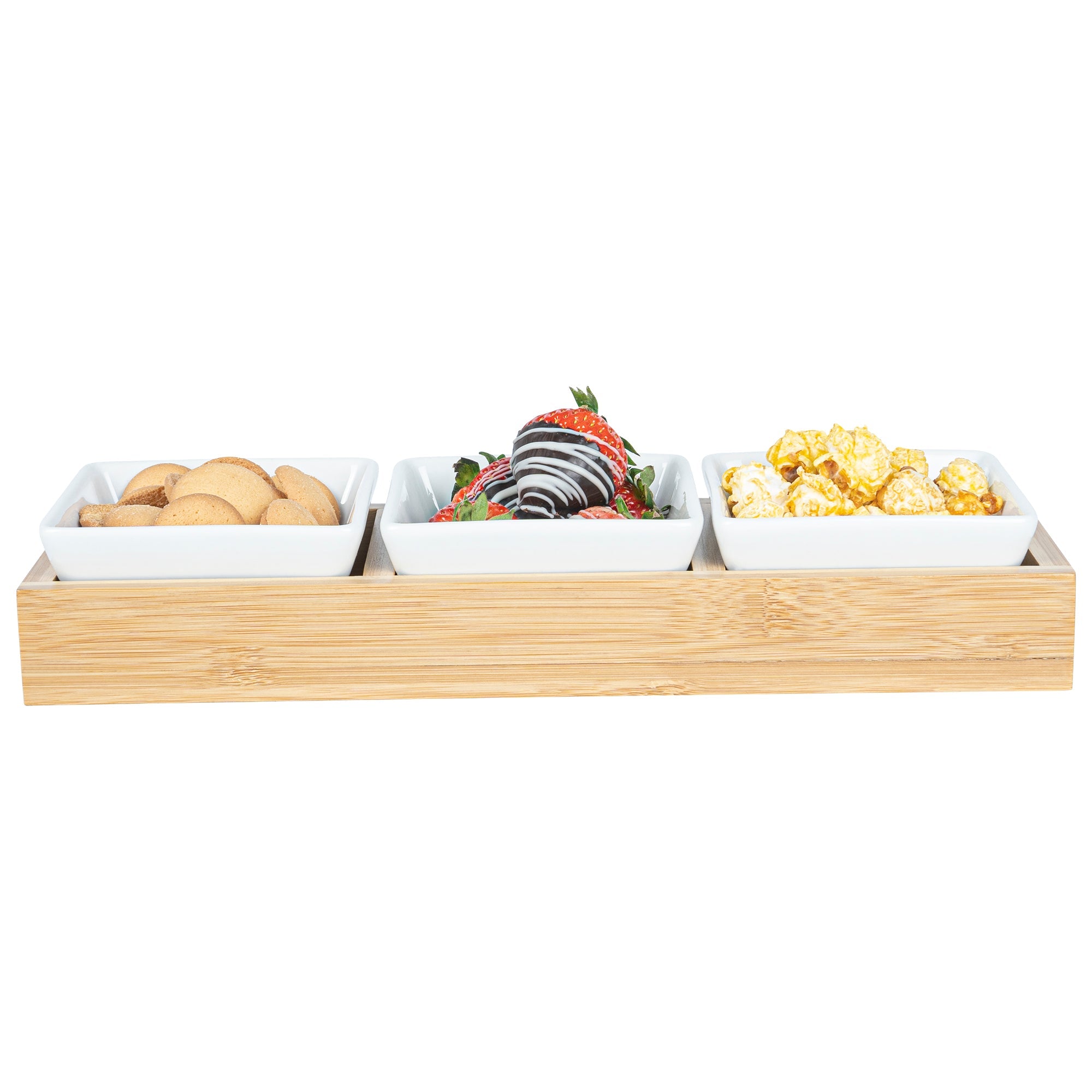 Chef 101 6 oz Rectangle White Porcelain Modern Bowl Set - 3 Bowls, Bamboo Tray - 11 3/4" x 4 1/4" x 2" - 1 count box