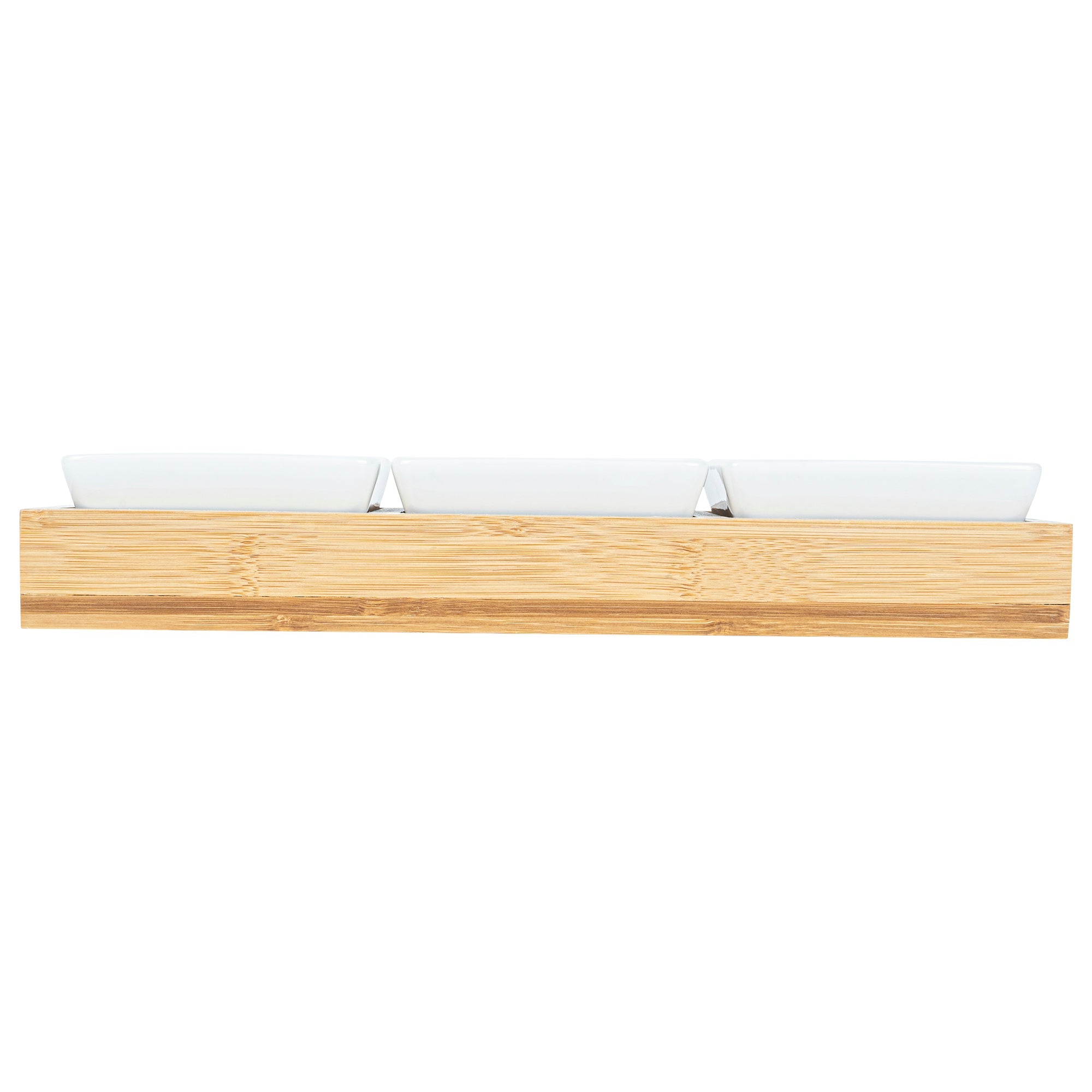 Chef 101 6 oz Rectangle White Porcelain Modern Bowl Set - 3 Bowls, Bamboo Tray - 11 3/4" x 4 1/4" x 2" - 1 count box