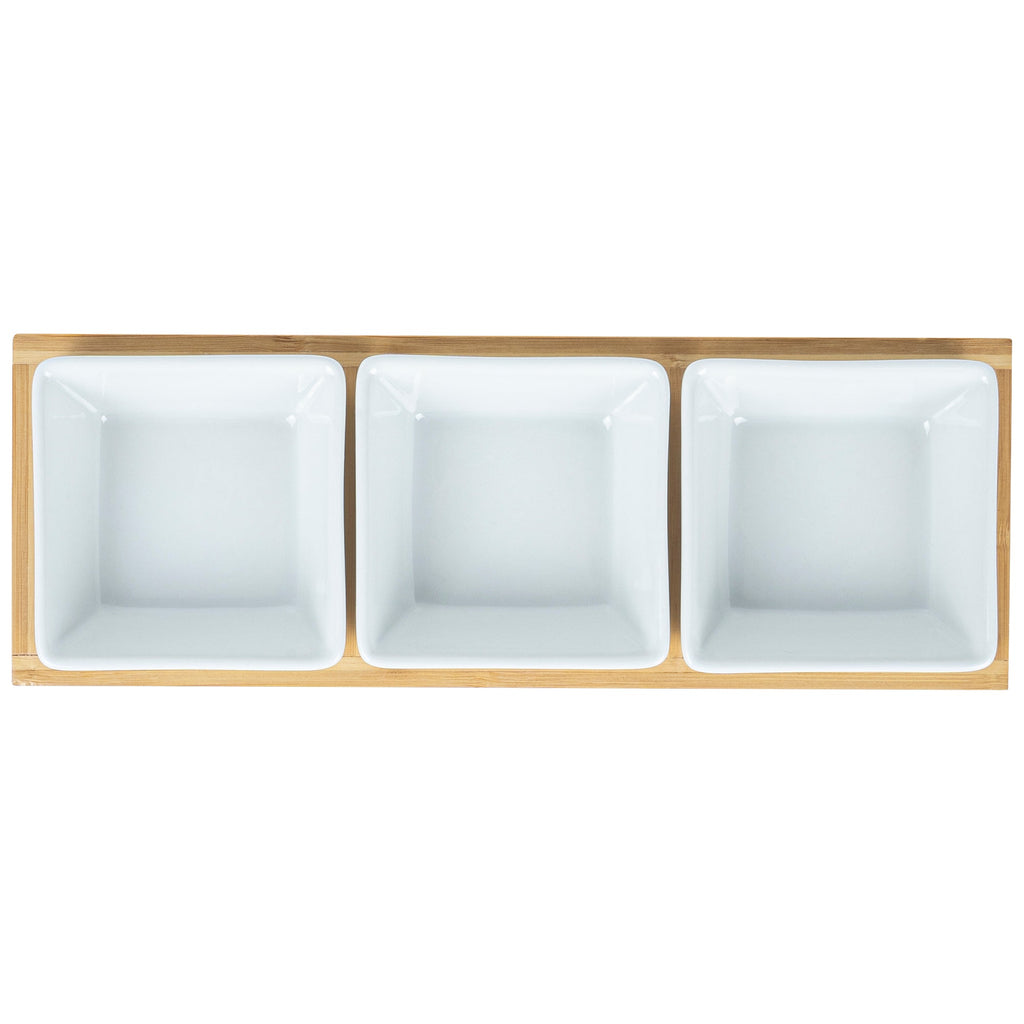 Chef 101 6 oz Rectangle White Porcelain Modern Bowl Set - 3 Bowls, Bamboo Tray - 11 3/4" x 4 1/4" x 2" - 1 count box