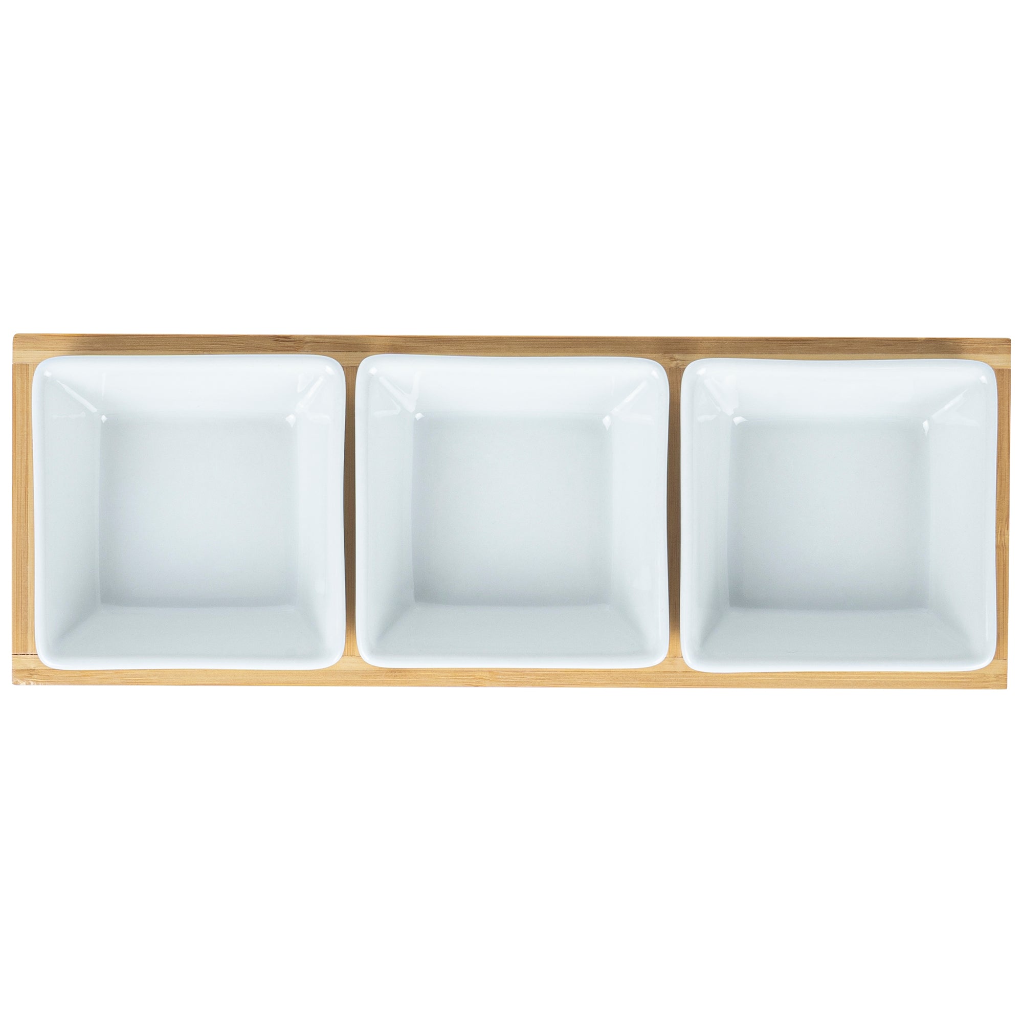 Chef 101 6 oz Rectangle White Porcelain Modern Bowl Set - 3 Bowls, Bamboo Tray - 11 3/4" x 4 1/4" x 2" - 1 count box