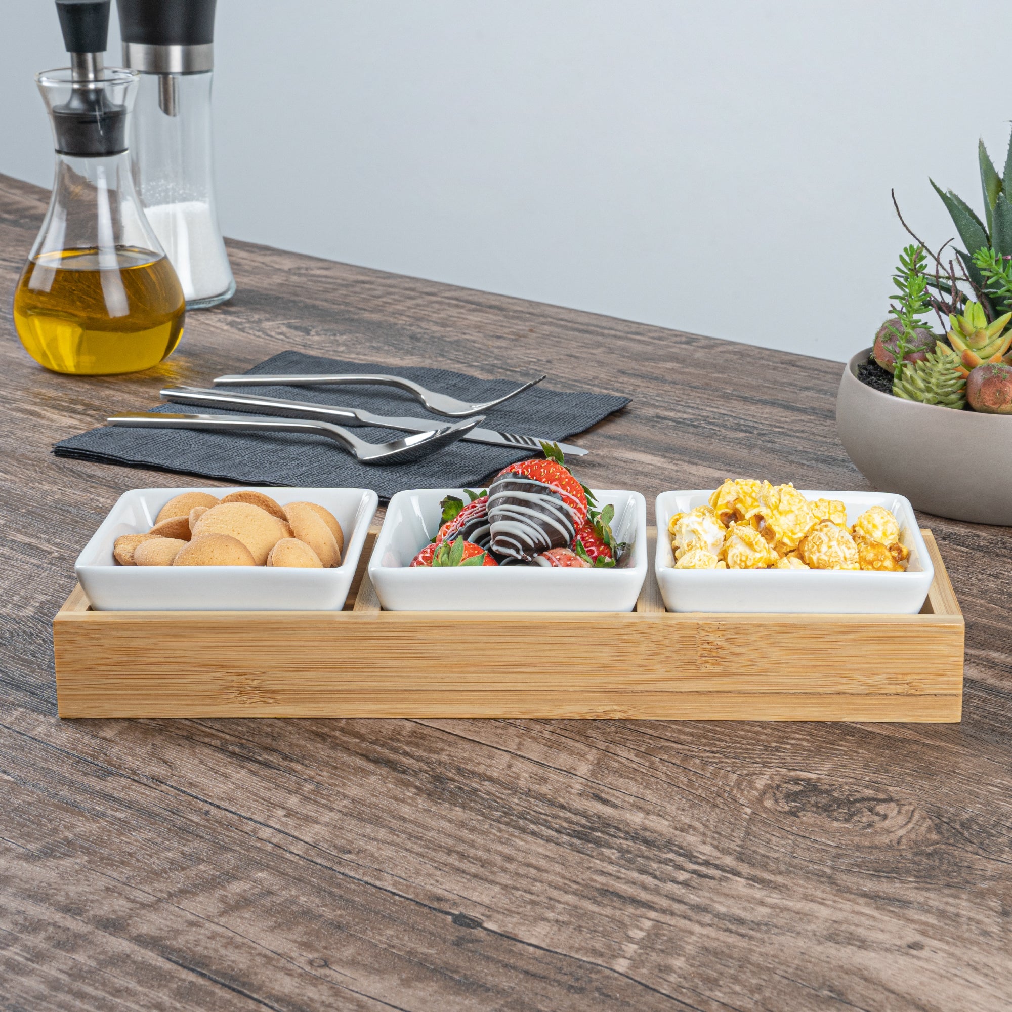 Chef 101 6 oz Rectangle White Porcelain Modern Bowl Set - 3 Bowls, Bamboo Tray - 11 3/4" x 4 1/4" x 2" - 1 count box