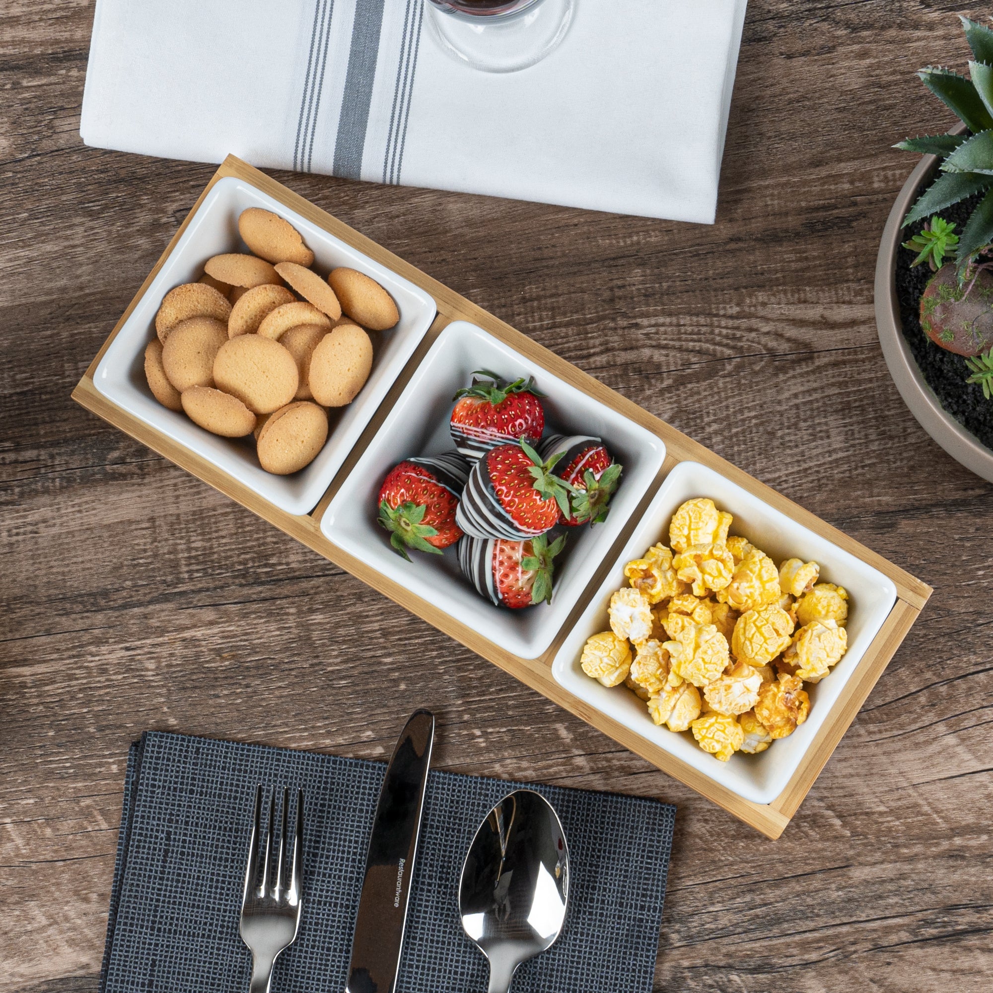 Chef 101 6 oz Rectangle White Porcelain Modern Bowl Set - 3 Bowls, Bamboo Tray - 11 3/4" x 4 1/4" x 2" - 1 count box