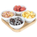 Chef 101 20 oz Rectangle White Porcelain Coppa Bowl Set - 4 Bowls, Bamboo Tray - 7" x 7" x 2 1/4" - 1 count box