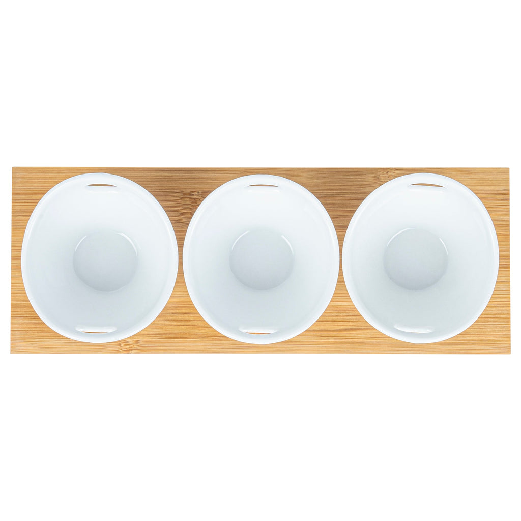 Chef 101 6 oz Rectangle White Porcelain Basket Bowl Set - 3 Bowls, Bamboo Tray - 11 3/4" x 4 1/4" x 2 1/2" - 1 count box