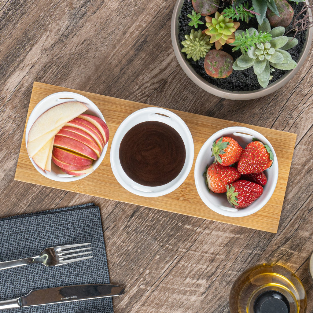 Chef 101 6 oz Rectangle White Porcelain Basket Bowl Set - 3 Bowls, Bamboo Tray - 11 3/4" x 4 1/4" x 2 1/2" - 1 count box