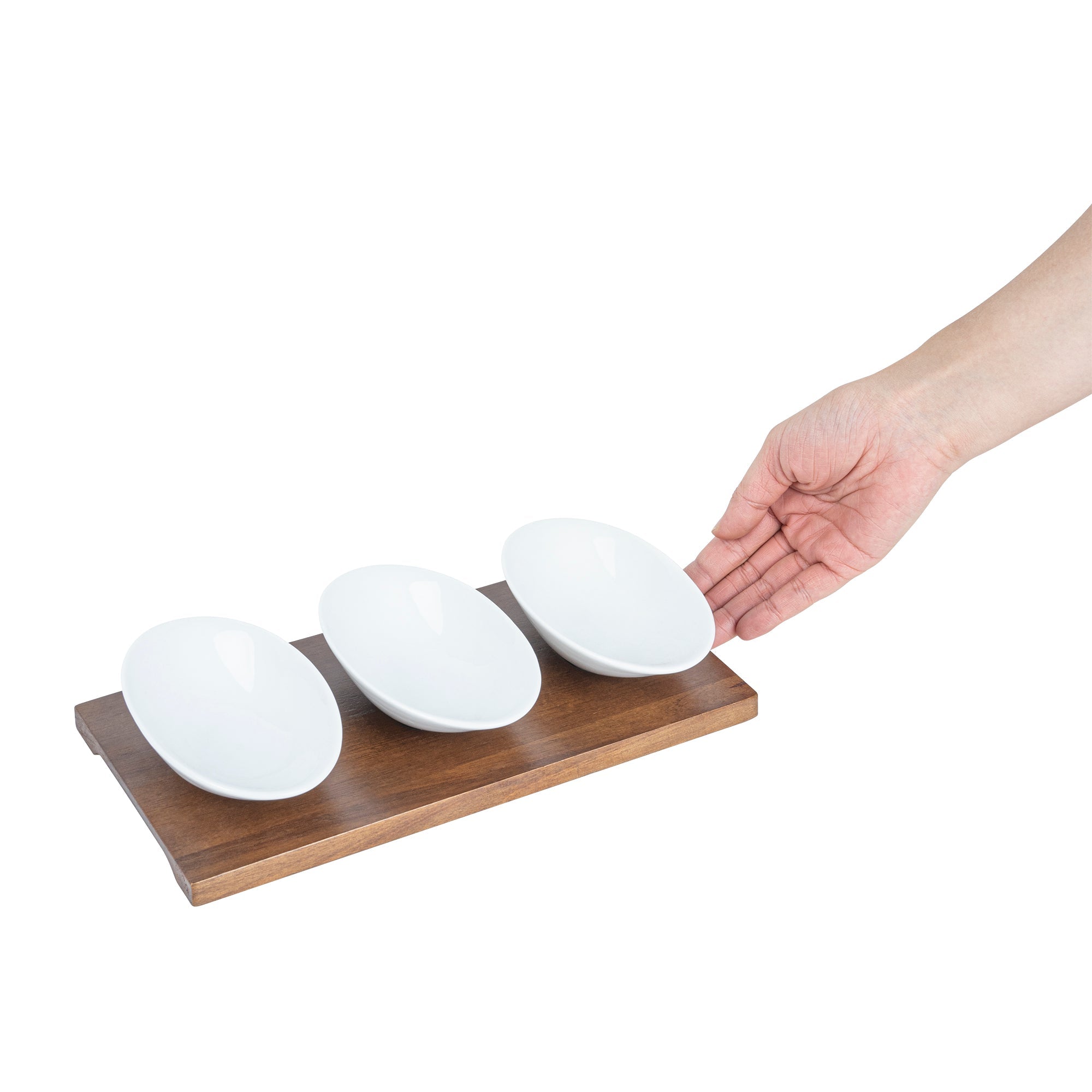 Chef 101 9 oz Rectangle White Porcelain Ellipse Bowl Set - 3 Bowls, Bamboo Tray - 10 1/4" x 5 1/2" x 1 1/2" - 1 count box