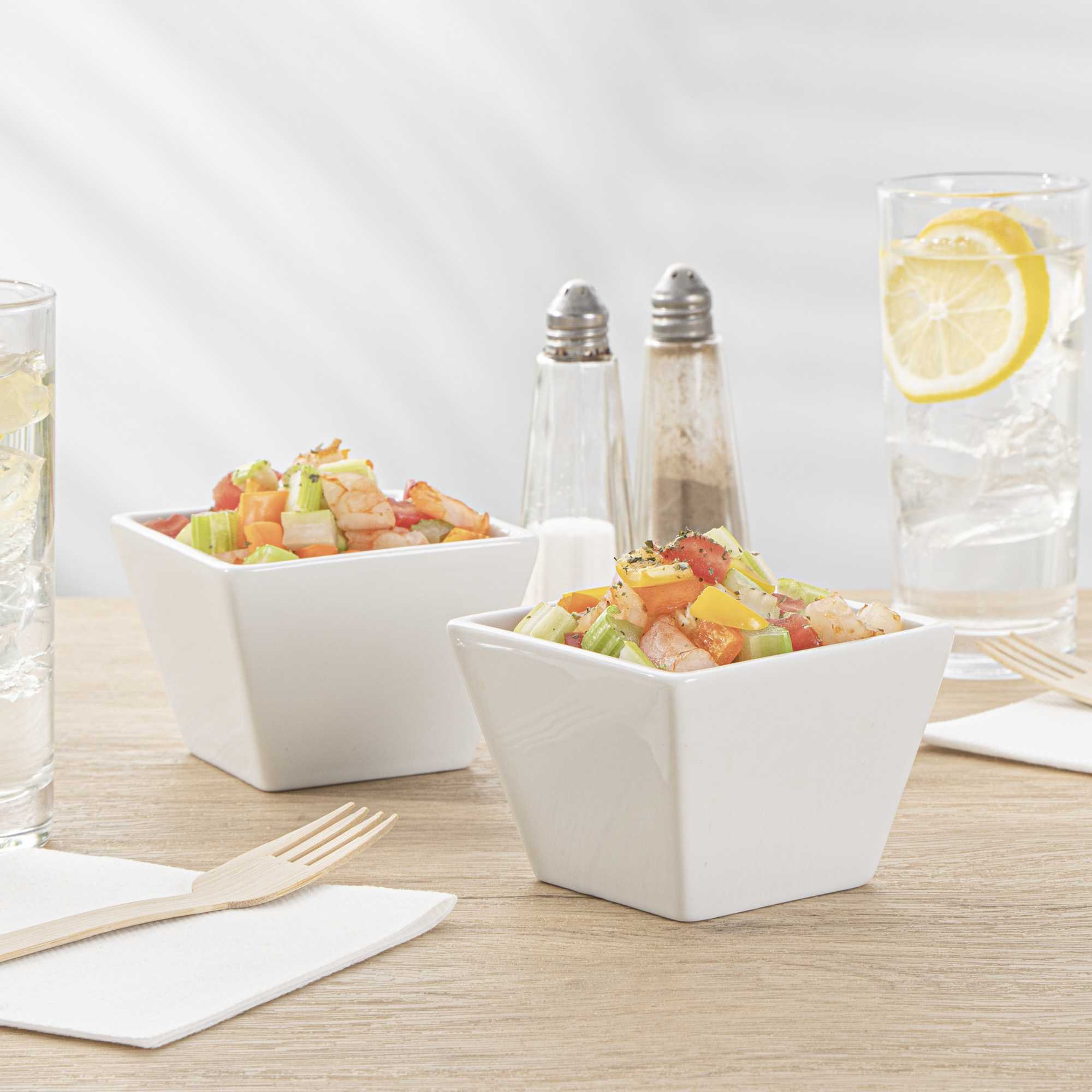 Chef 101 6 oz Square White Porcelain Kova Bowl - 3 1/2" x 3 1/2" x 2 1/2" - 10 count box