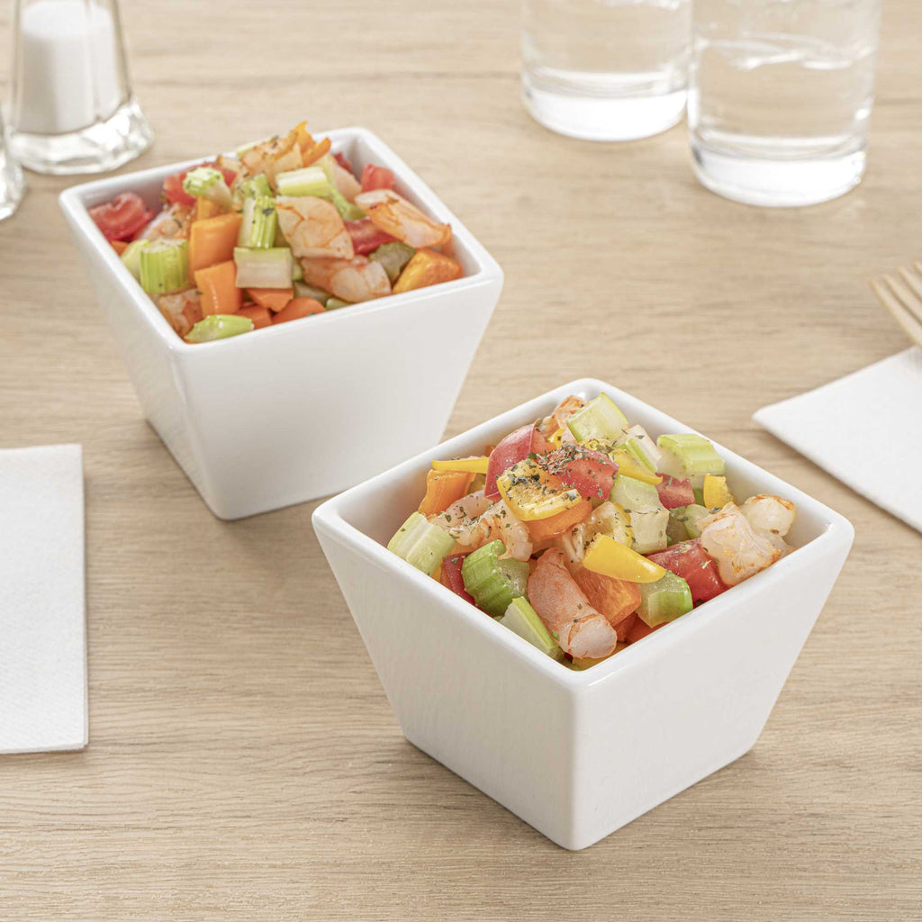 Chef 101 6 oz Square White Porcelain Kova Bowl - 3 1/2" x 3 1/2" x 2 1/2" - 10 count box