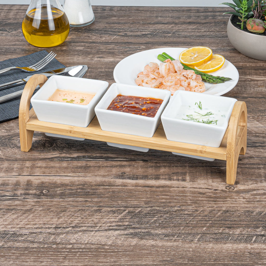 Chef 101 21 oz Rectangle White Porcelain Kova Bowl Set - 3 Bowls, Bamboo Tray - 12" x 3 3/4" x 3 1/2" - 1 count box