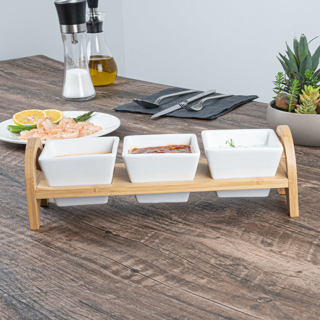 Chef 101 21 oz Rectangle White Porcelain Kova Bowl Set - 3 Bowls, Bamboo Tray - 12" x 3 3/4" x 3 1/2" - 1 count box