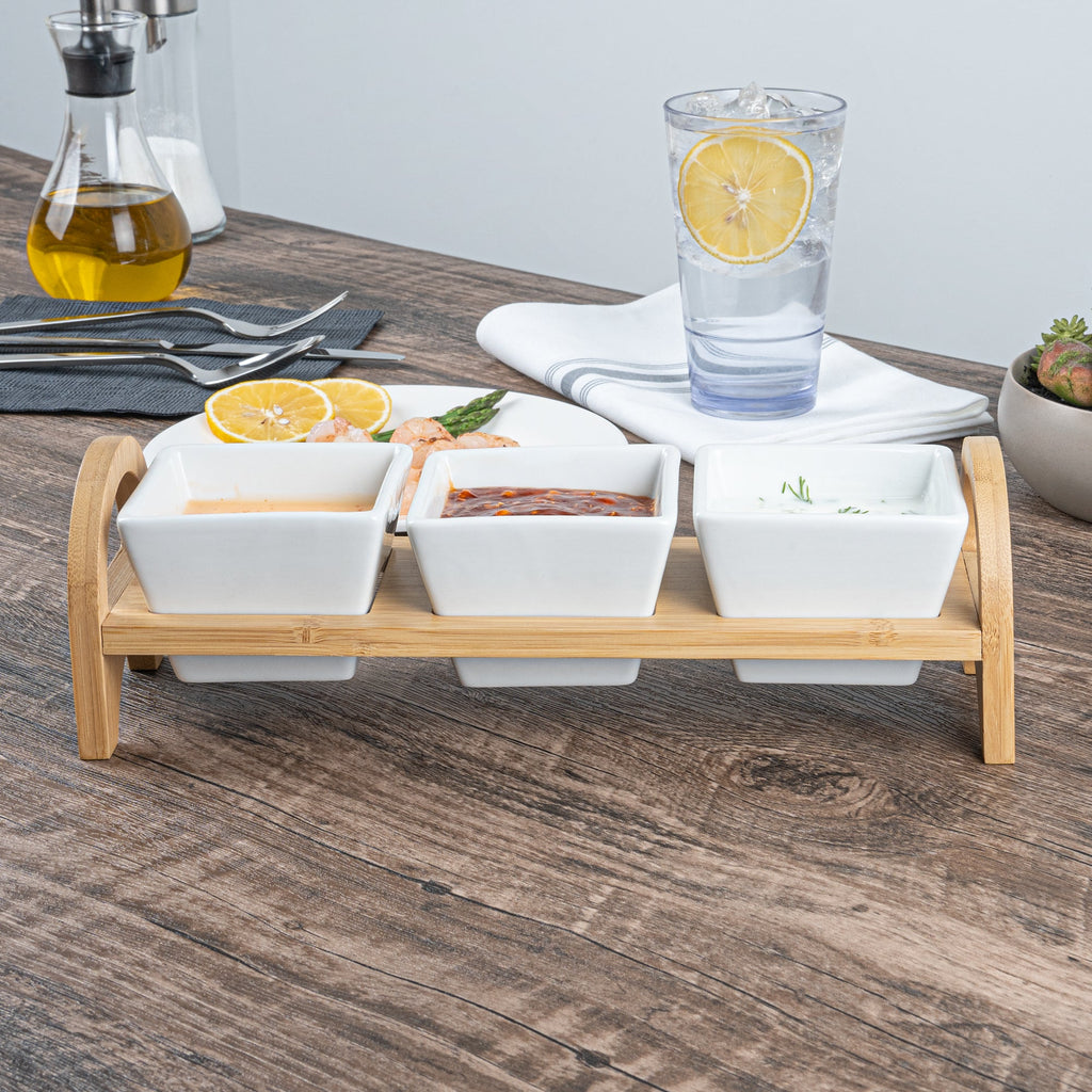 Chef 101 21 oz Rectangle White Porcelain Kova Bowl Set - 3 Bowls, Bamboo Tray - 12" x 3 3/4" x 3 1/2" - 1 count box