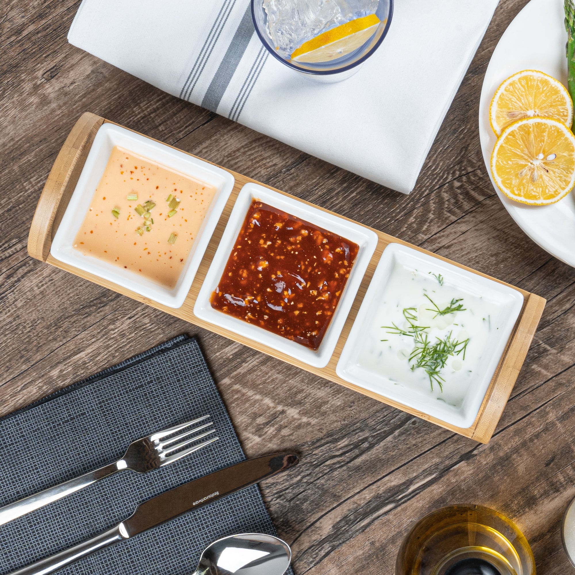 Chef 101 21 oz Rectangle White Porcelain Kova Bowl Set - 3 Bowls, Bamboo Tray - 12" x 3 3/4" x 3 1/2" - 1 count box