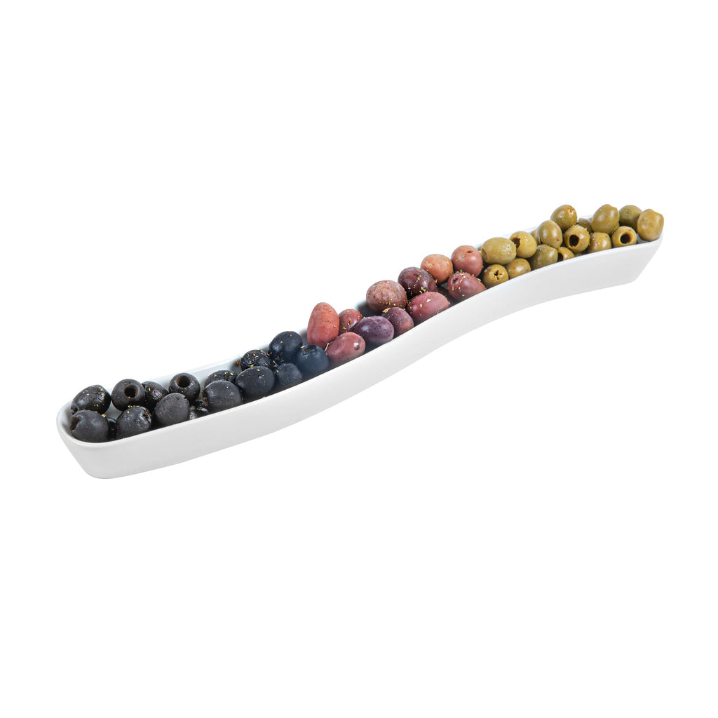 Chef 101 Swerve 14 oz Curved White Porcelain Olive Plate - 17" x 2 1/2" x 1 1/4" - 1 count box