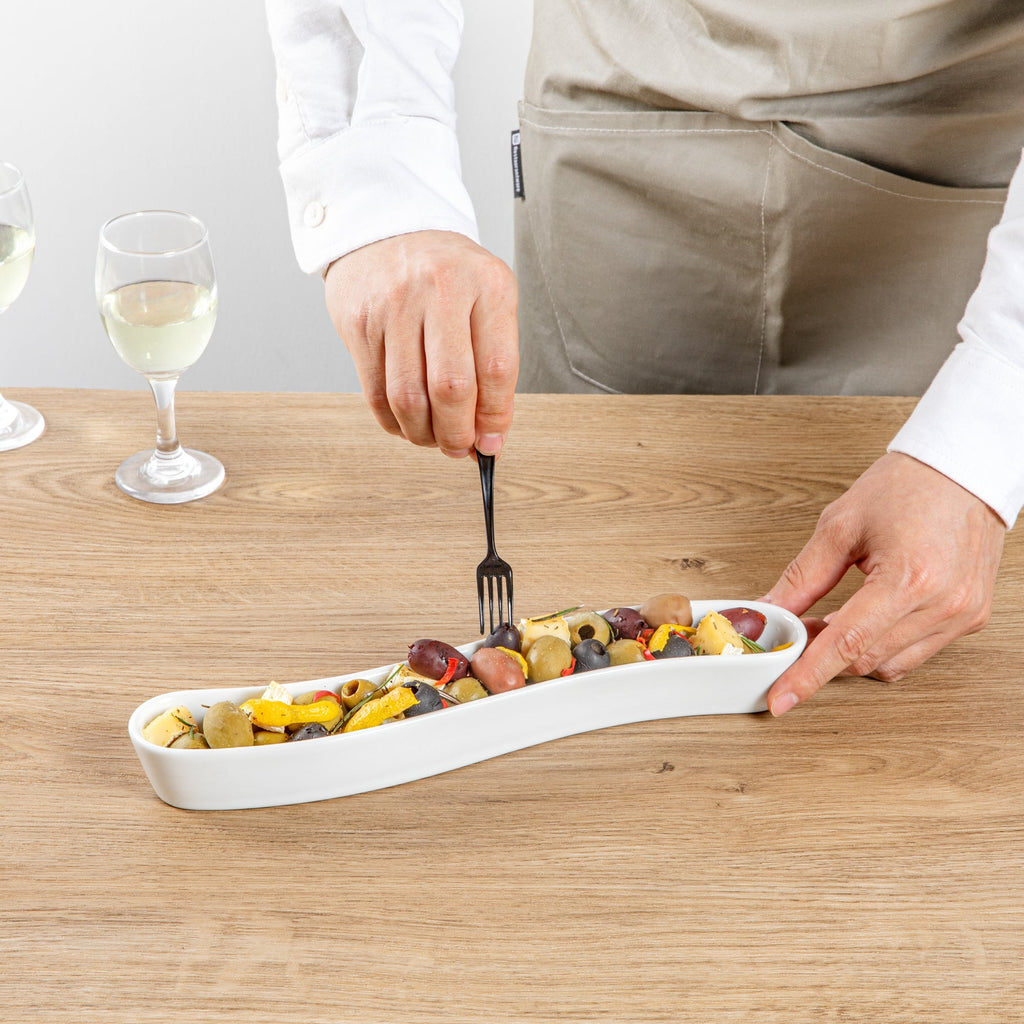 Chef 101 Swerve 10 oz Curved White Porcelain Olive Plate - 12" x 2 1/2" x 1 1/2" - 1 count box