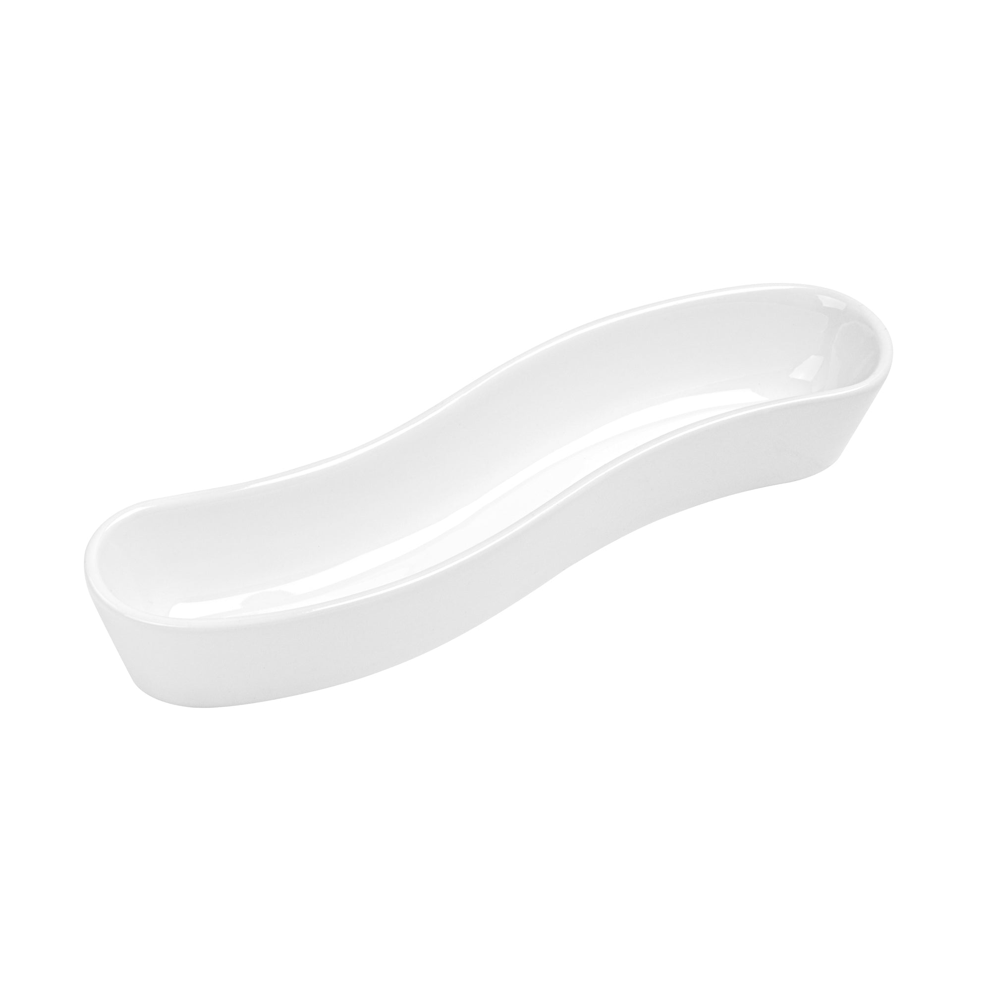 Chef 101 Swerve 6 oz Curved White Porcelain Olive Plate - 8 3/4" x 2 1/4" x 1 1/2" - 1 count box