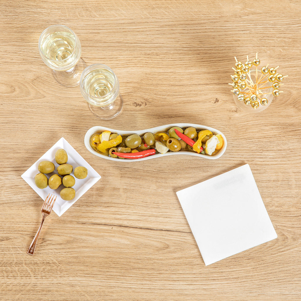 Chef 101 Swerve 6 oz Curved White Porcelain Olive Plate - 8 3/4" x 2 1/4" x 1 1/2" - 1 count box