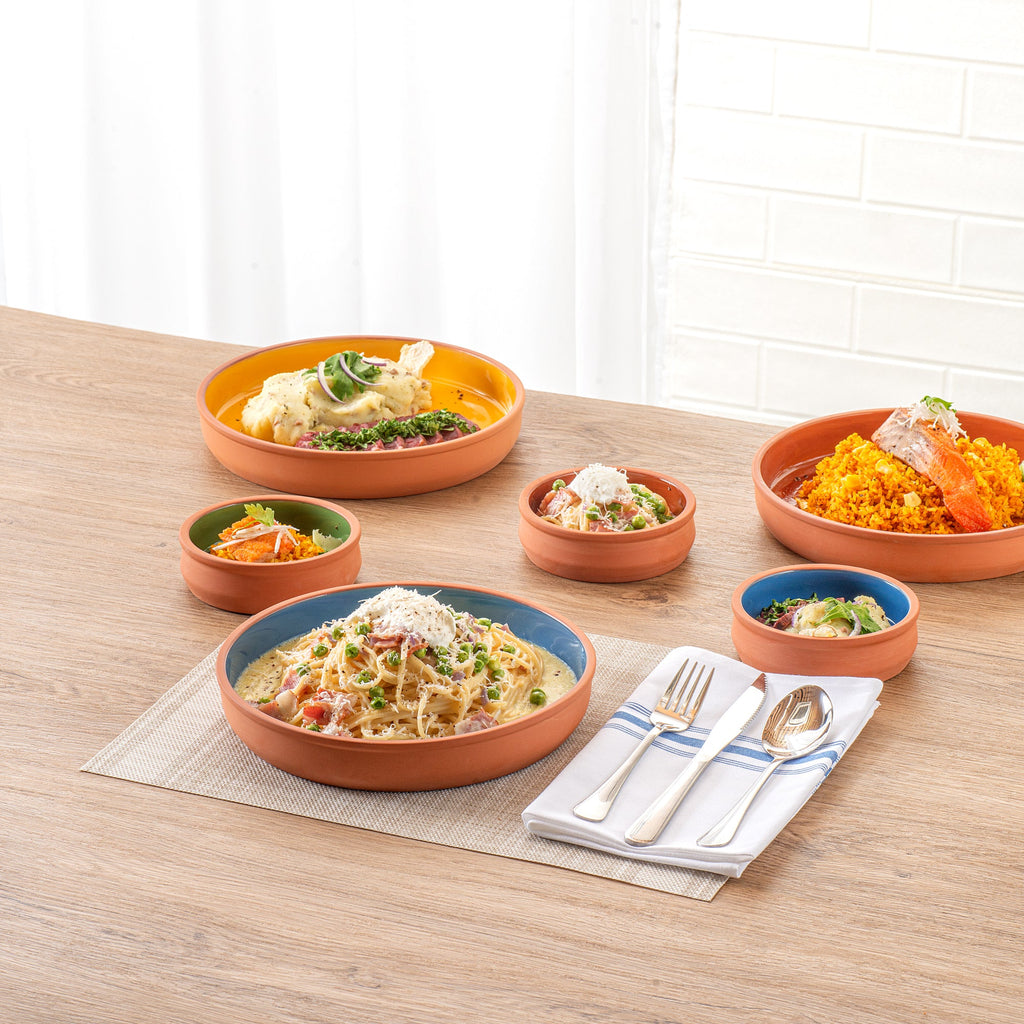 Terra Tek 34 oz Terracotta Cazuela Bowl - Blue Glazed Interior, Oven-Safe, Microwave-Safe - 9 1/4'' x 9 1/4'' x 1 1/2'' - 10 count box