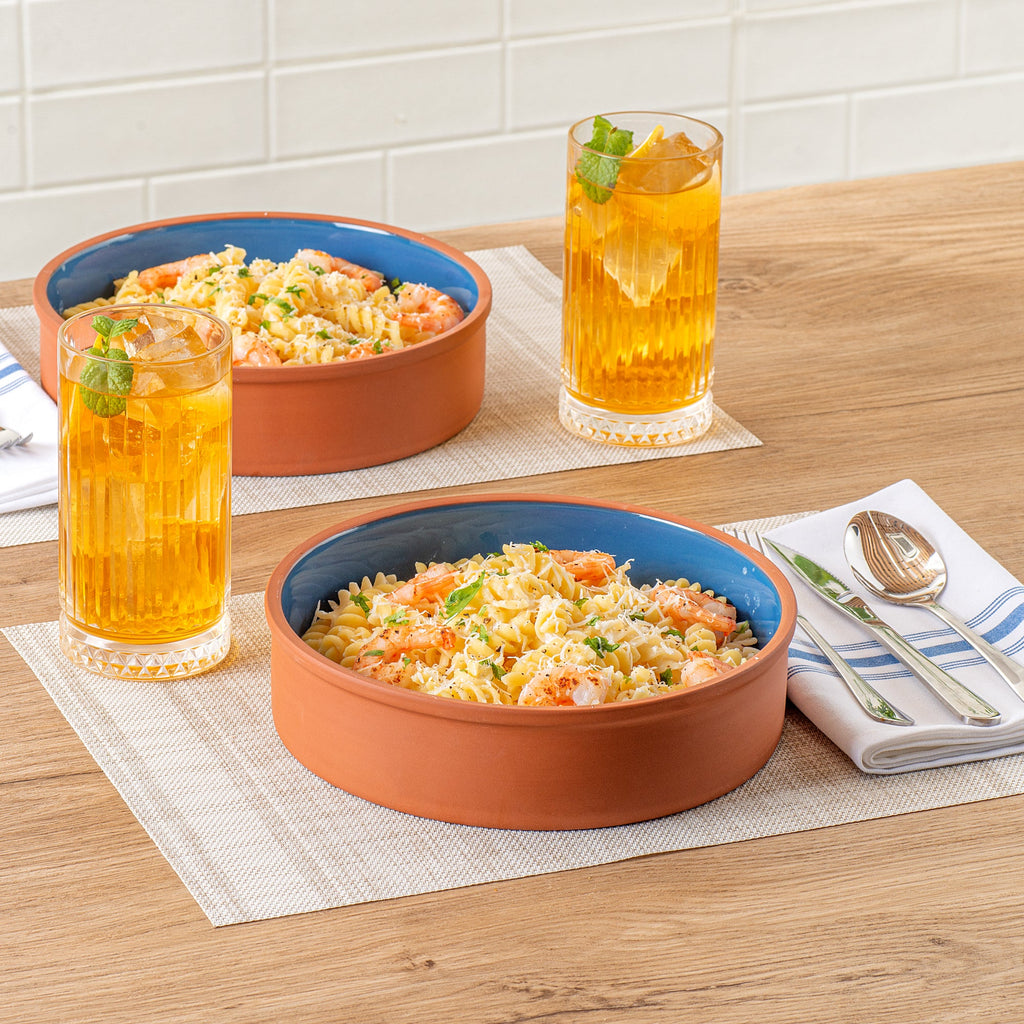 Terra Tek 51 oz Terracotta Cazuela Bowl - Blue Glazed Interior, Oven-Safe, Microwave-Safe - 9'' x 9'' x 2 1/4'' - 2 count box