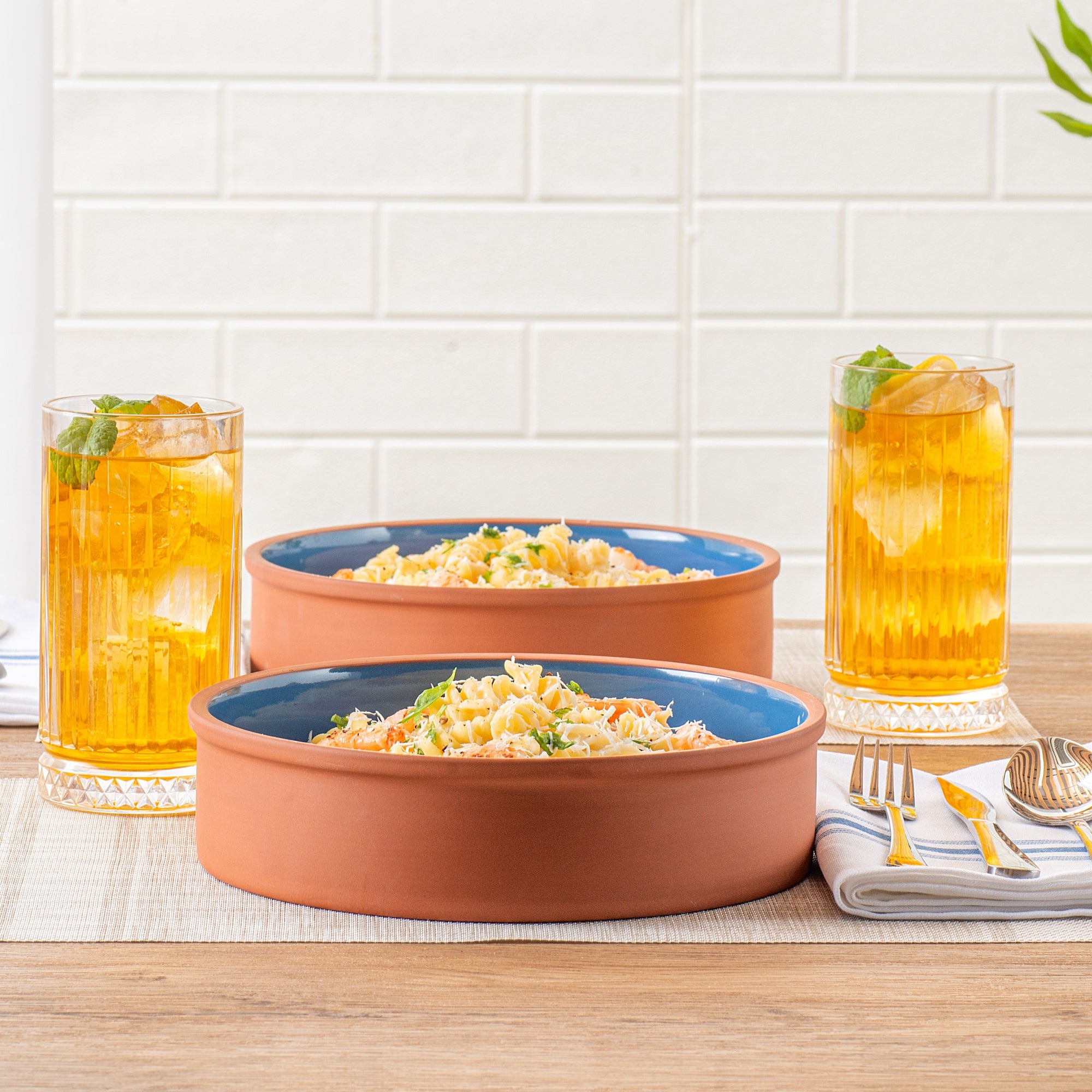 Terra Tek 51 oz Terracotta Cazuela Bowl - Blue Glazed Interior, Oven-Safe, Microwave-Safe - 9'' x 9'' x 2 1/4'' - 2 count box