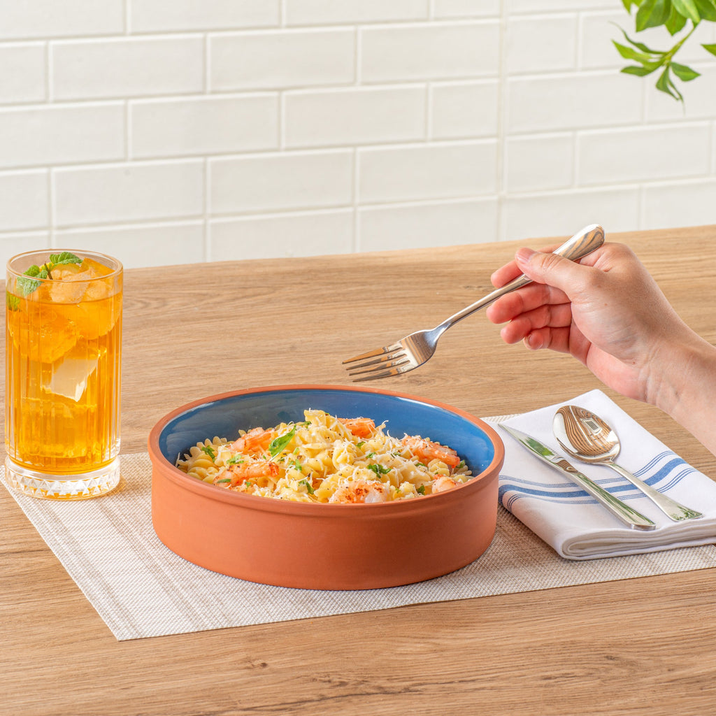 Terra Tek 51 oz Terracotta Cazuela Bowl - Blue Glazed Interior, Oven-Safe, Microwave-Safe - 9'' x 9'' x 2 1/4'' - 2 count box