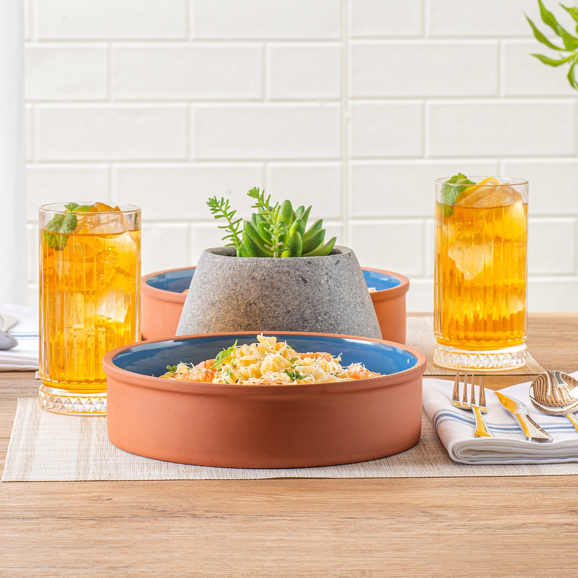 Terra Tek 51 oz Terracotta Cazuela Bowl - Blue Glazed Interior, Oven-Safe, Microwave-Safe - 9'' x 9'' x 2 1/4'' - 2 count box