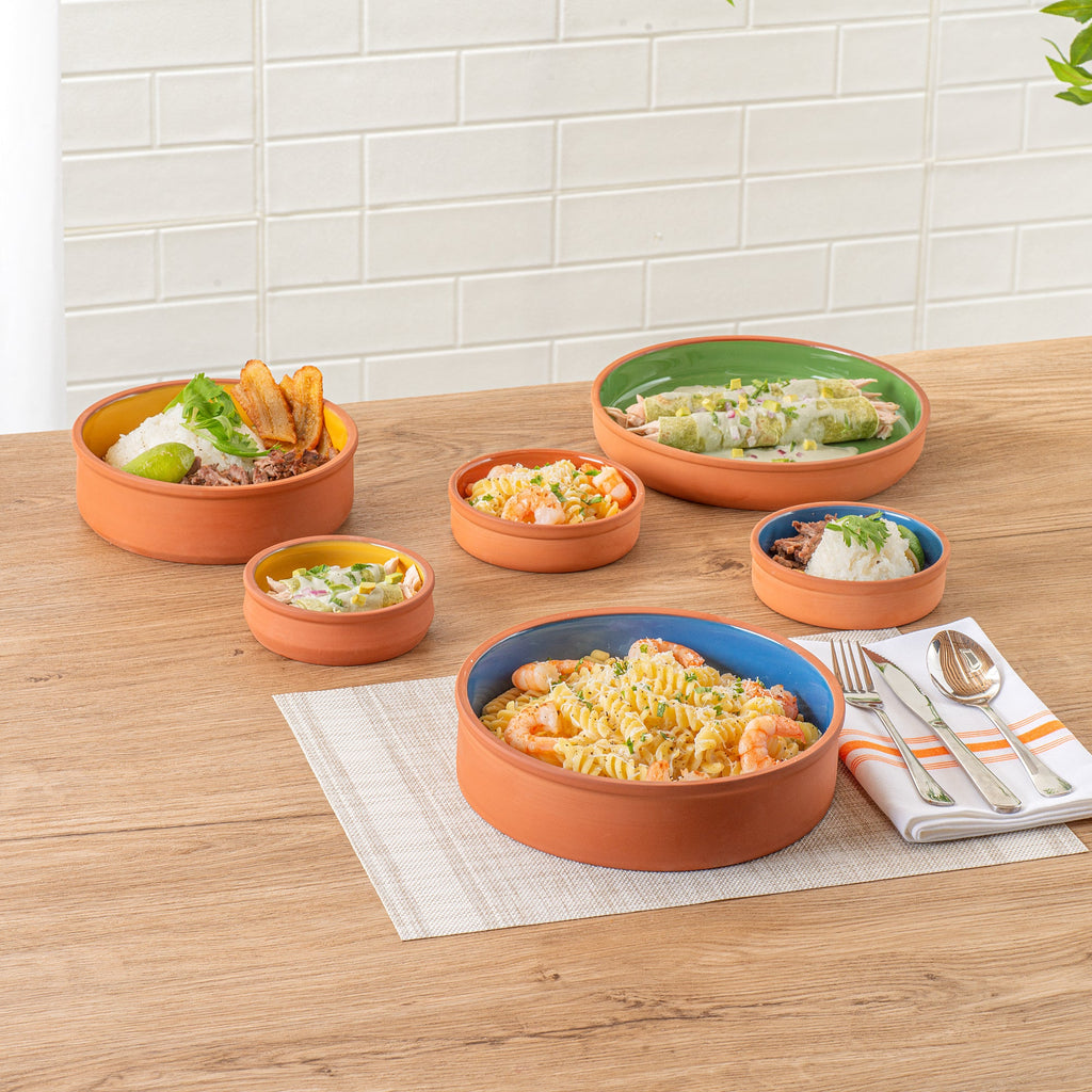 Terra Tek 51 oz Terracotta Cazuela Bowl - Blue Glazed Interior, Oven-Safe, Microwave-Safe - 9'' x 9'' x 2 1/4'' - 2 count box