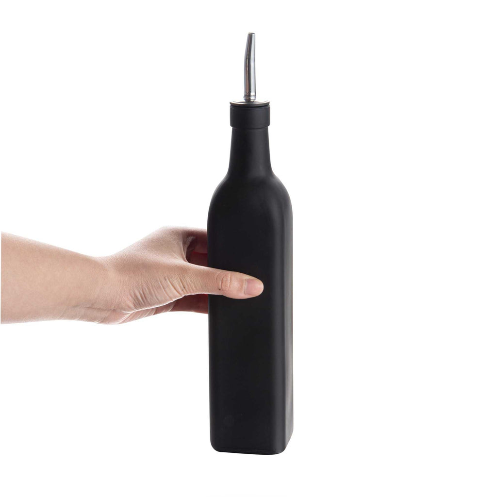 Chef 101 17 oz Black Glass Olive Oil Dispenser - with Stainless Steel Pourer, Funnel Kit - 2 1/4" x 2 1/4" x 12 1/2" - 1 count box