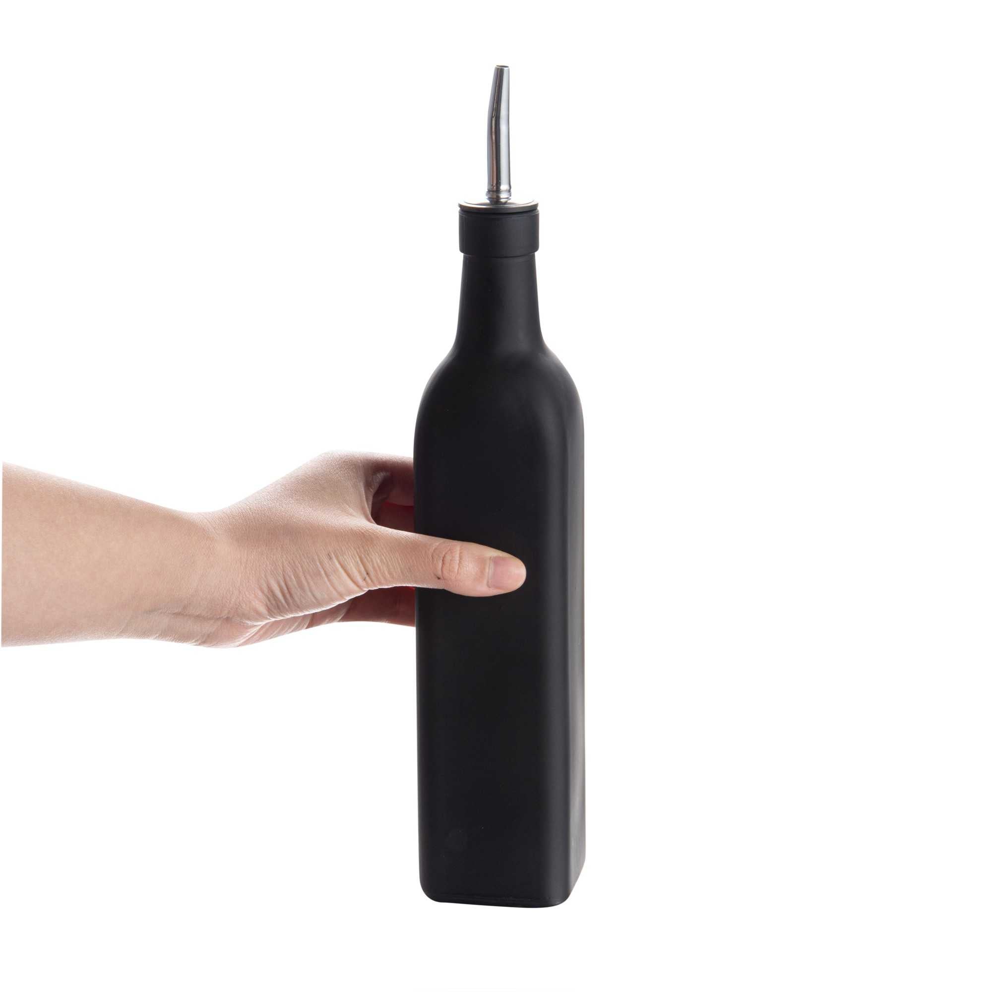 Chef 101 17 oz Black Glass Olive Oil Dispenser - with Stainless Steel Pourer, Funnel Kit - 2 1/4" x 2 1/4" x 12 1/2" - 1 count box
