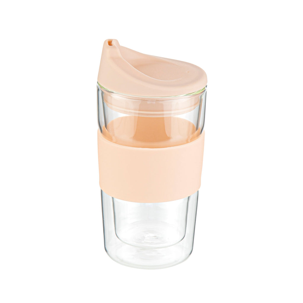 Forma Professional 12 oz Glass Travel Mug - Double Wall, Borosilicate, with Tan Lid and Sleeve - 1 count box