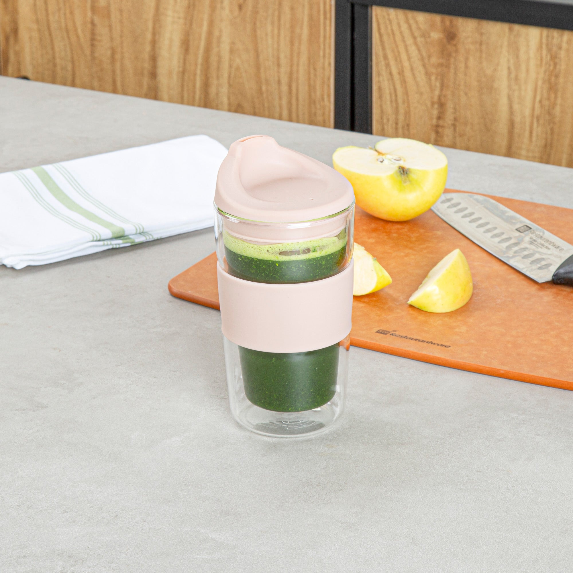 Forma Professional 12 oz Glass Travel Mug - Double Wall, Borosilicate, with Tan Lid and Sleeve - 1 count box