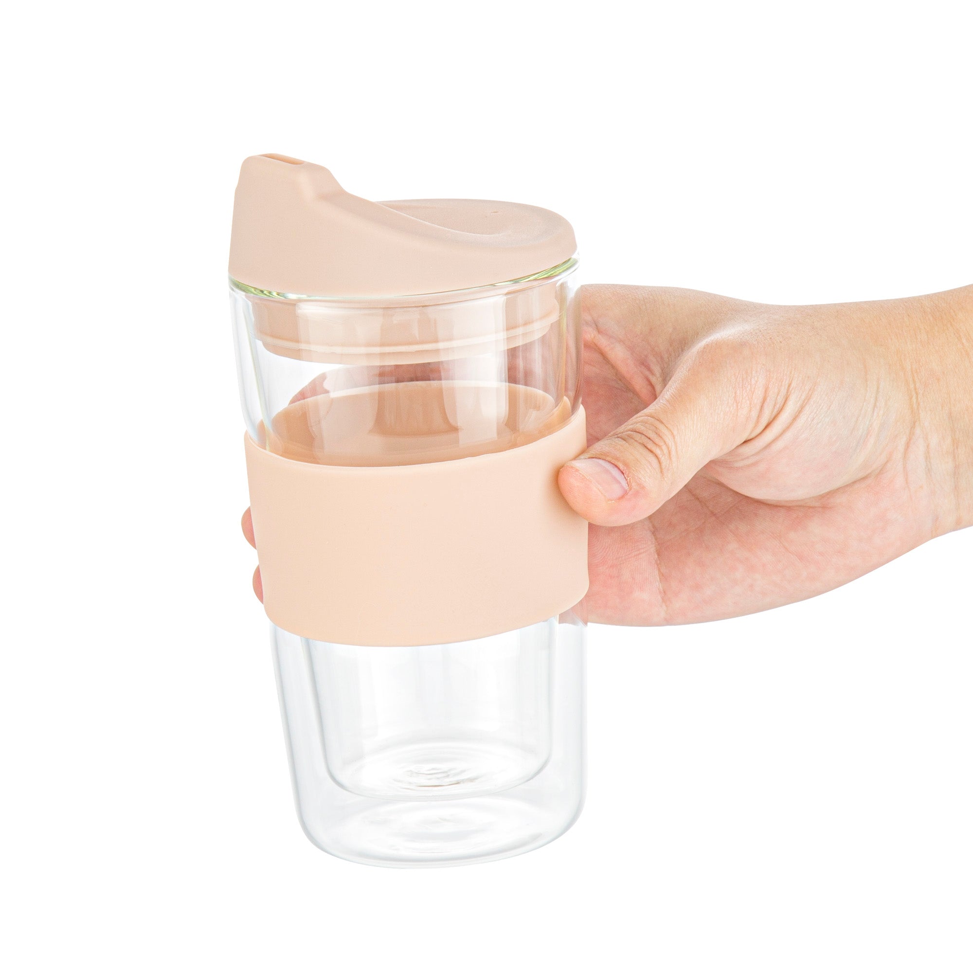 Forma Professional 12 oz Glass Travel Mug - Double Wall, Borosilicate, with Tan Lid and Sleeve - 1 count box