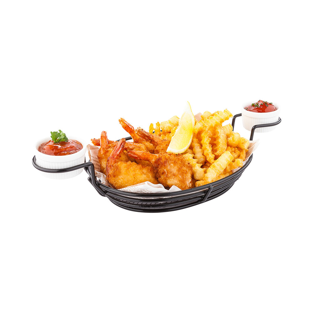 Met Lux Oval Black Iron Entree Basket - Double Dipping Sauce Holder - 13" x 6" x 2 1/4" - 1 count box