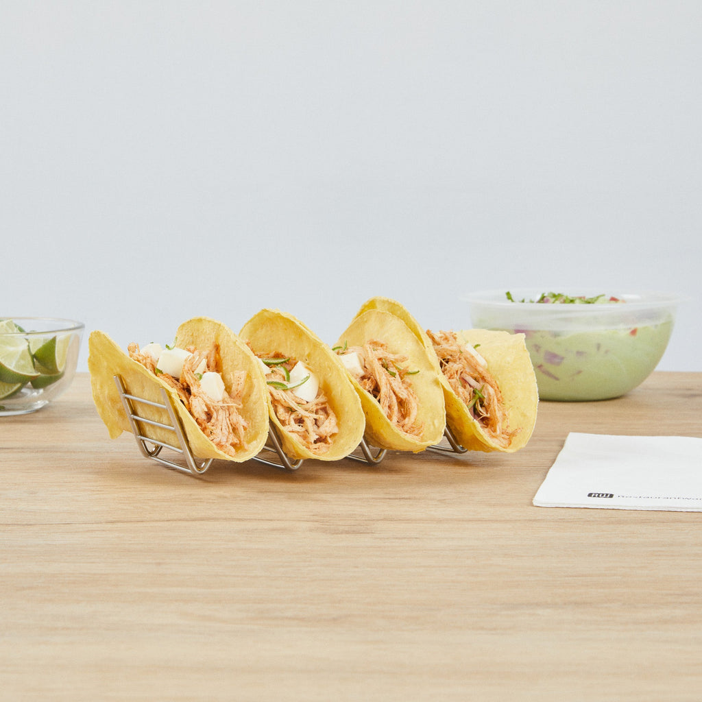 Met Lux Rectangle Silver Stainless Steel Quattro Taco Rack Stand - 4 Tacos - 7" x 2 1/2" x 1 1/2" - 1 count box