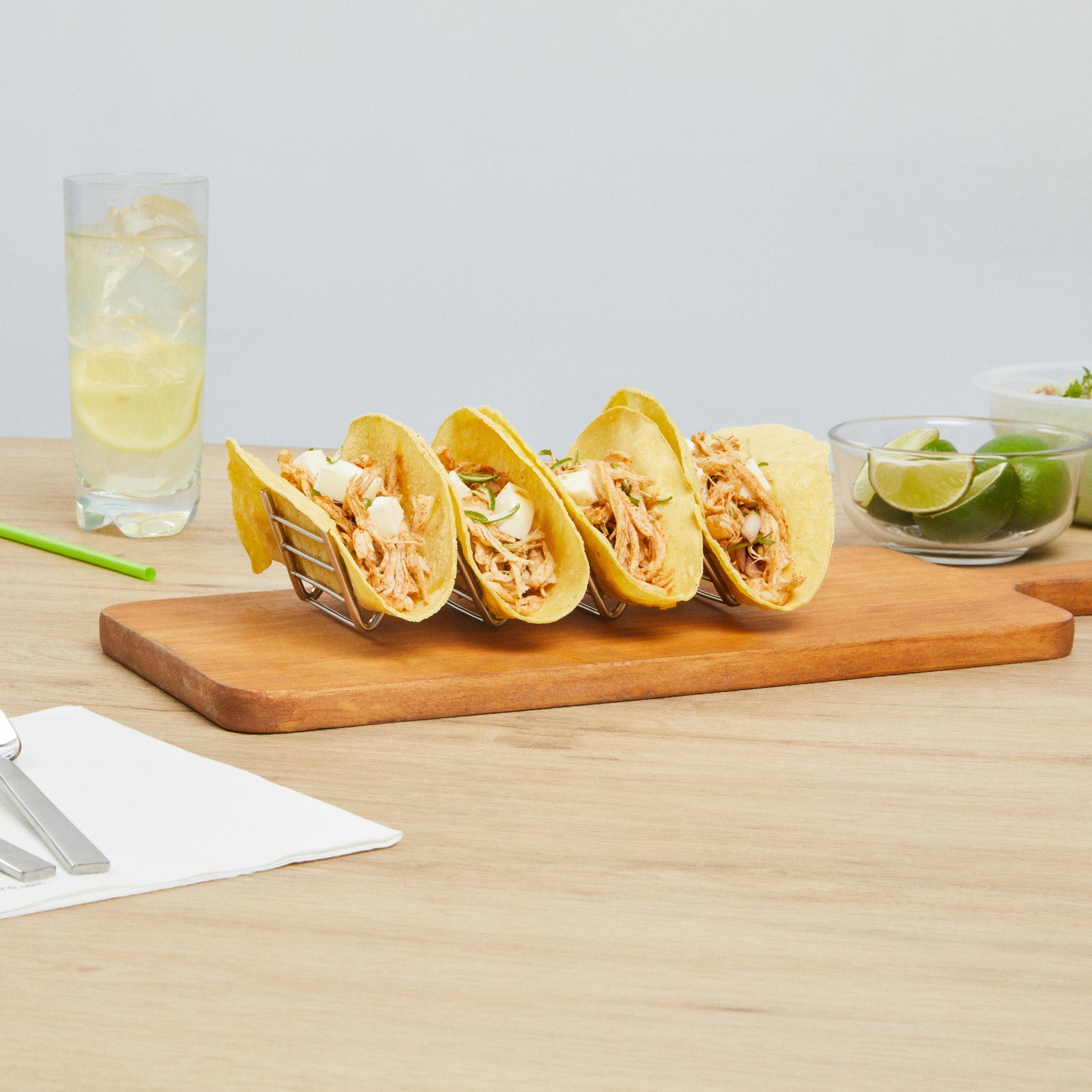 Met Lux Rectangle Silver Stainless Steel Quattro Taco Rack Stand - 4 Tacos - 7" x 2 1/2" x 1 1/2" - 1 count box